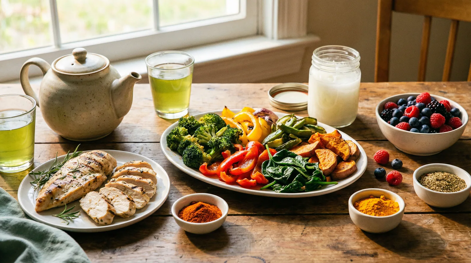 Metabolism-boosting foods including green tea, lean proteins, fiber-rich vegetables, and healthy fats that support fat burning