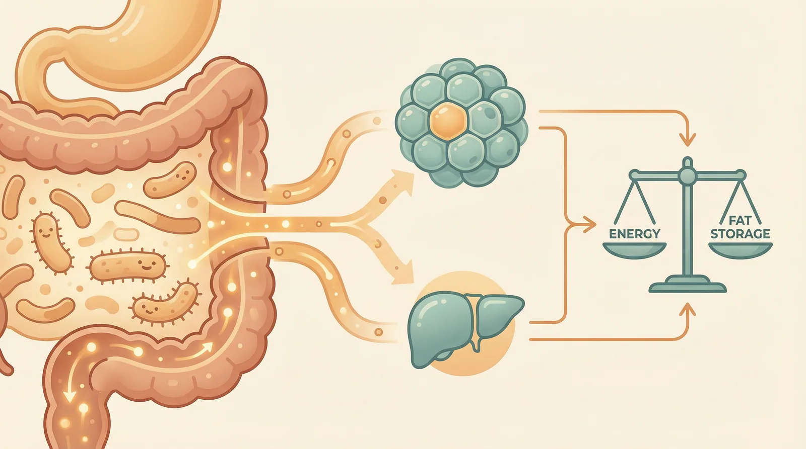 Medical illustration showing how gut bacteria influence fat storage, energy extraction, and lipid metabolism in the body