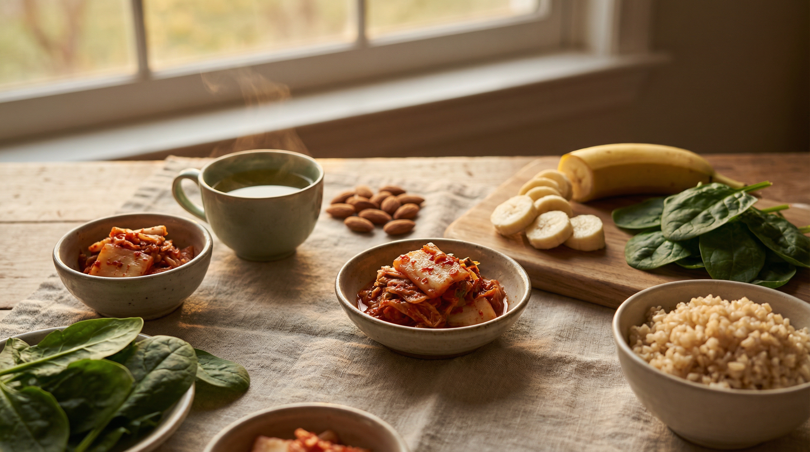 GABA-supporting foods including fermented foods, green tea, and magnesium-rich foods that promote relaxation and better sleep