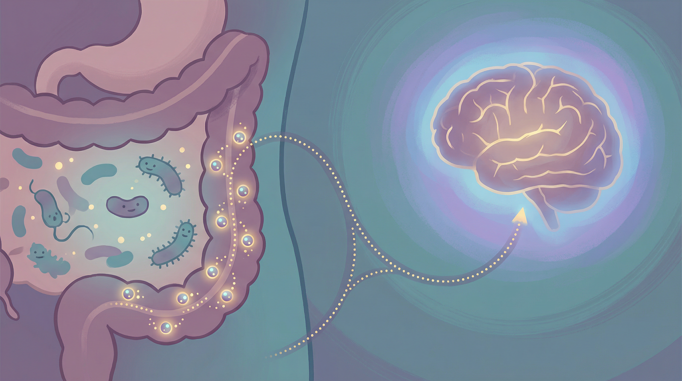 Illustration of gut bacteria producing GABA neurotransmitter that travels through the vagus nerve to promote relaxation and sleep