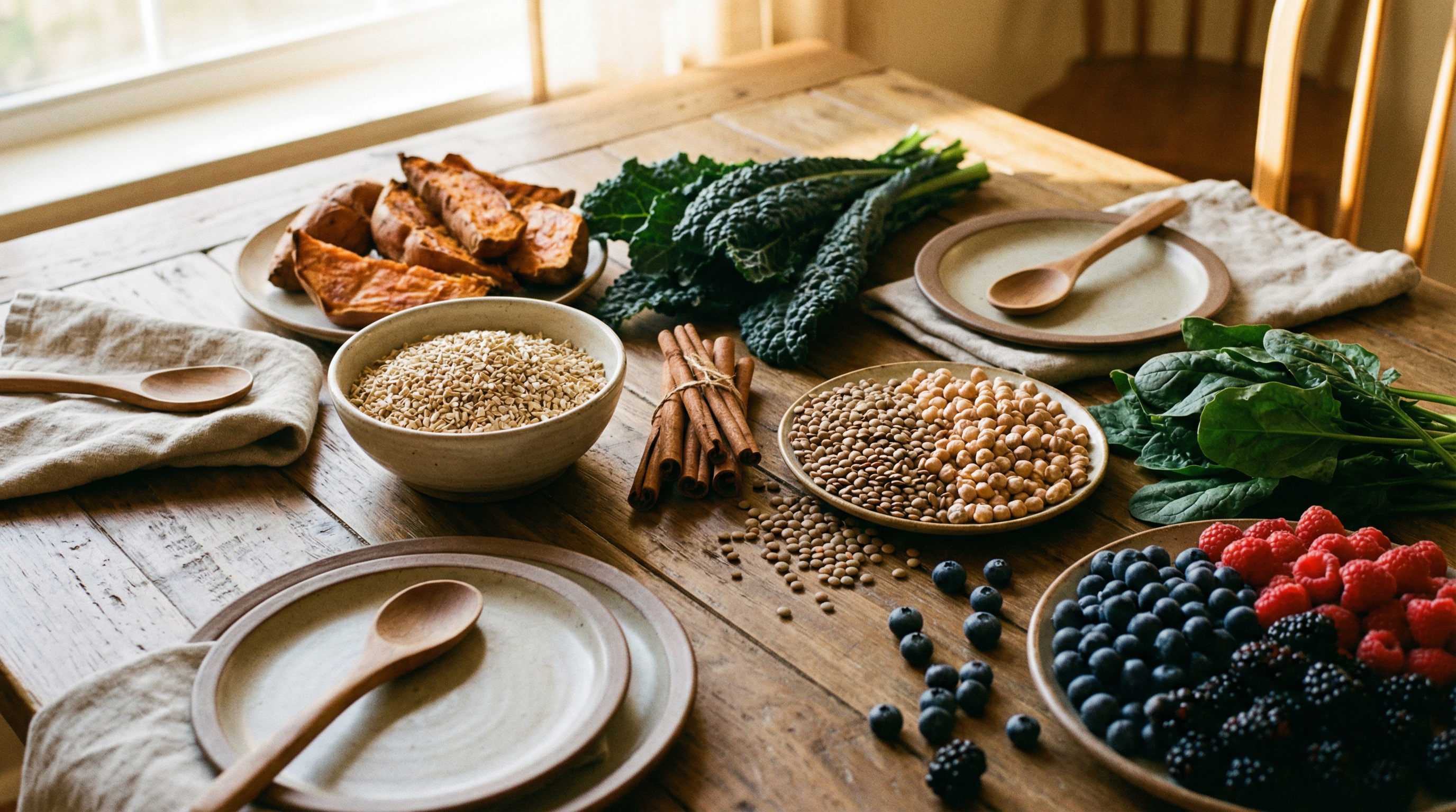 Blood sugar-stabilizing foods including complex carbohydrates, fiber-rich vegetables, and cinnamon that support glucose regulation