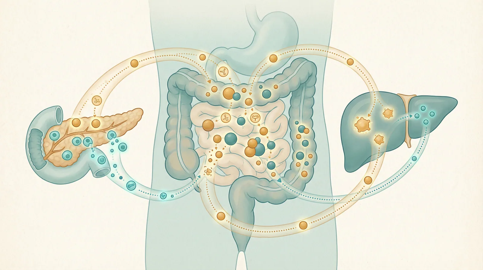 Medical illustration showing how gut bacteria influence blood sugar levels through metabolite production and incretin hormone regulation