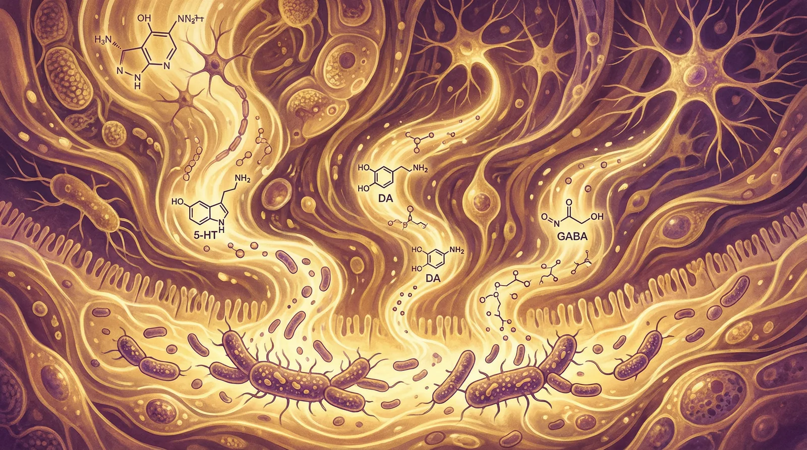 Neurotransmitter molecules including serotonin, dopamine, and GABA being produced by gut bacteria for brain signaling