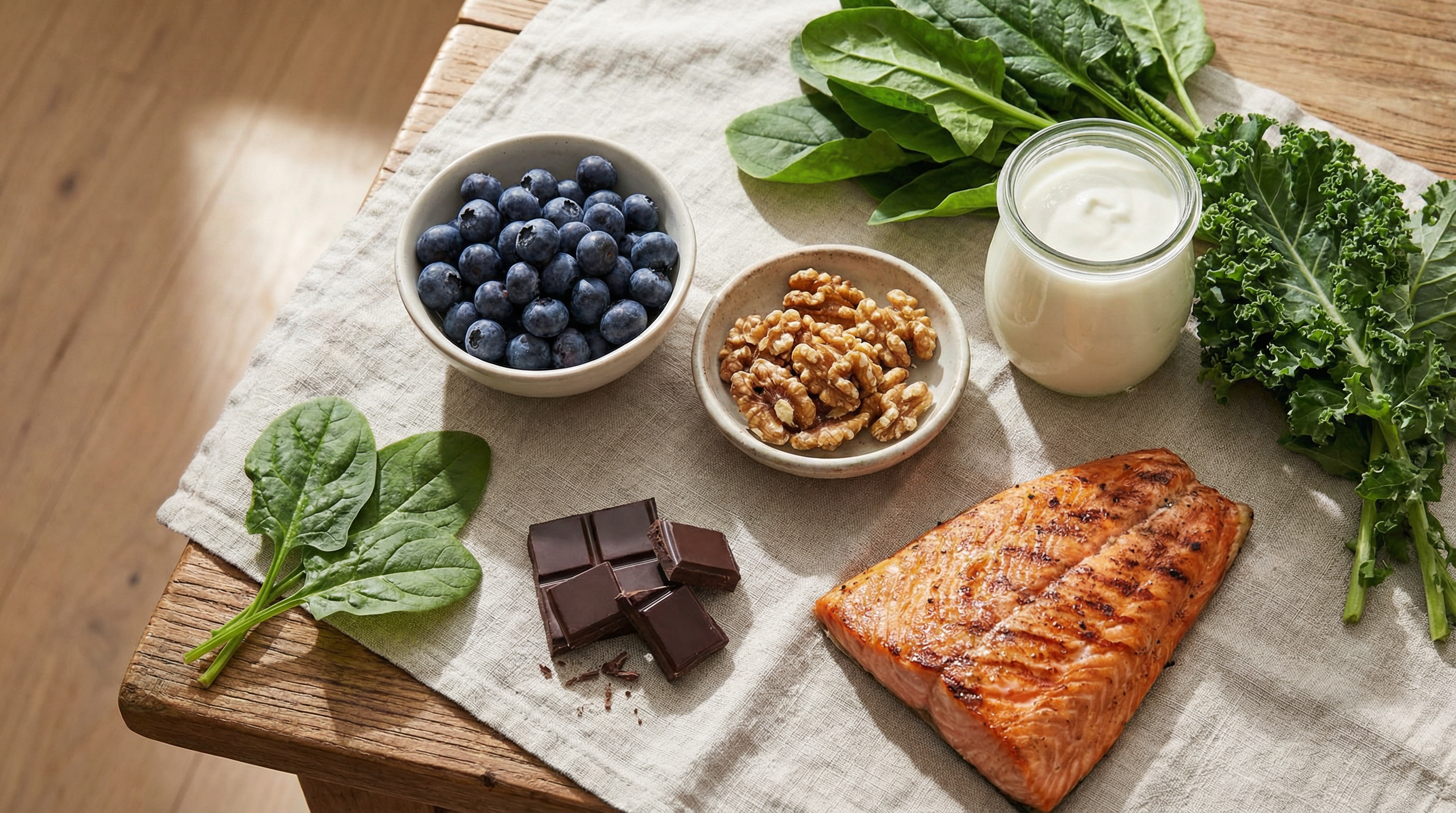 Brain-boosting and gut-supporting foods including omega-3 rich fish, fermented foods, and polyphenol-rich berries