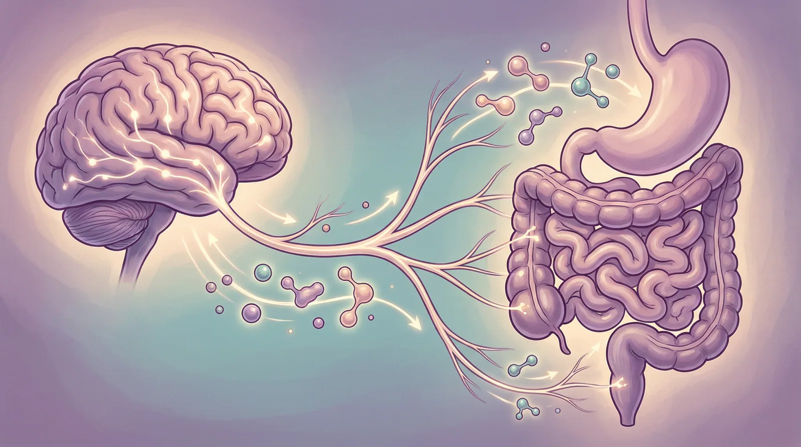 Detailed illustration of the vagus nerve connecting the brain and gut showing neural signaling pathways for gut-brain communication
