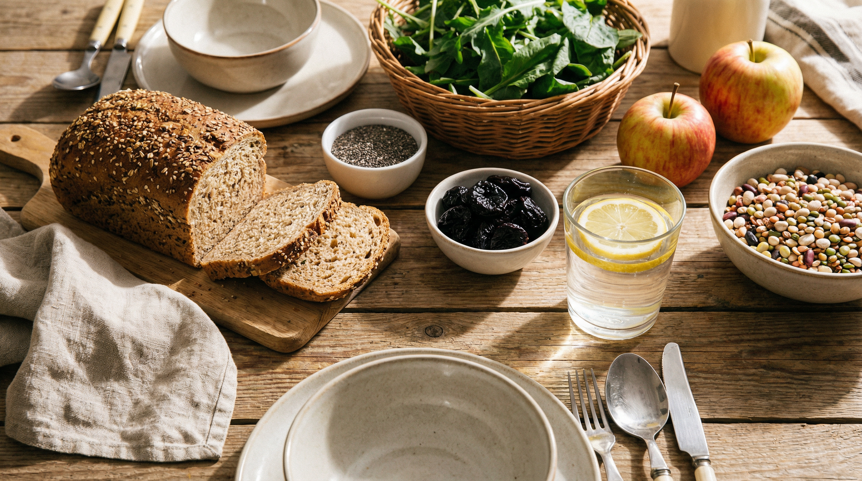 High-fiber foods and hydrating beverages that support healthy gut motility and regular digestive function