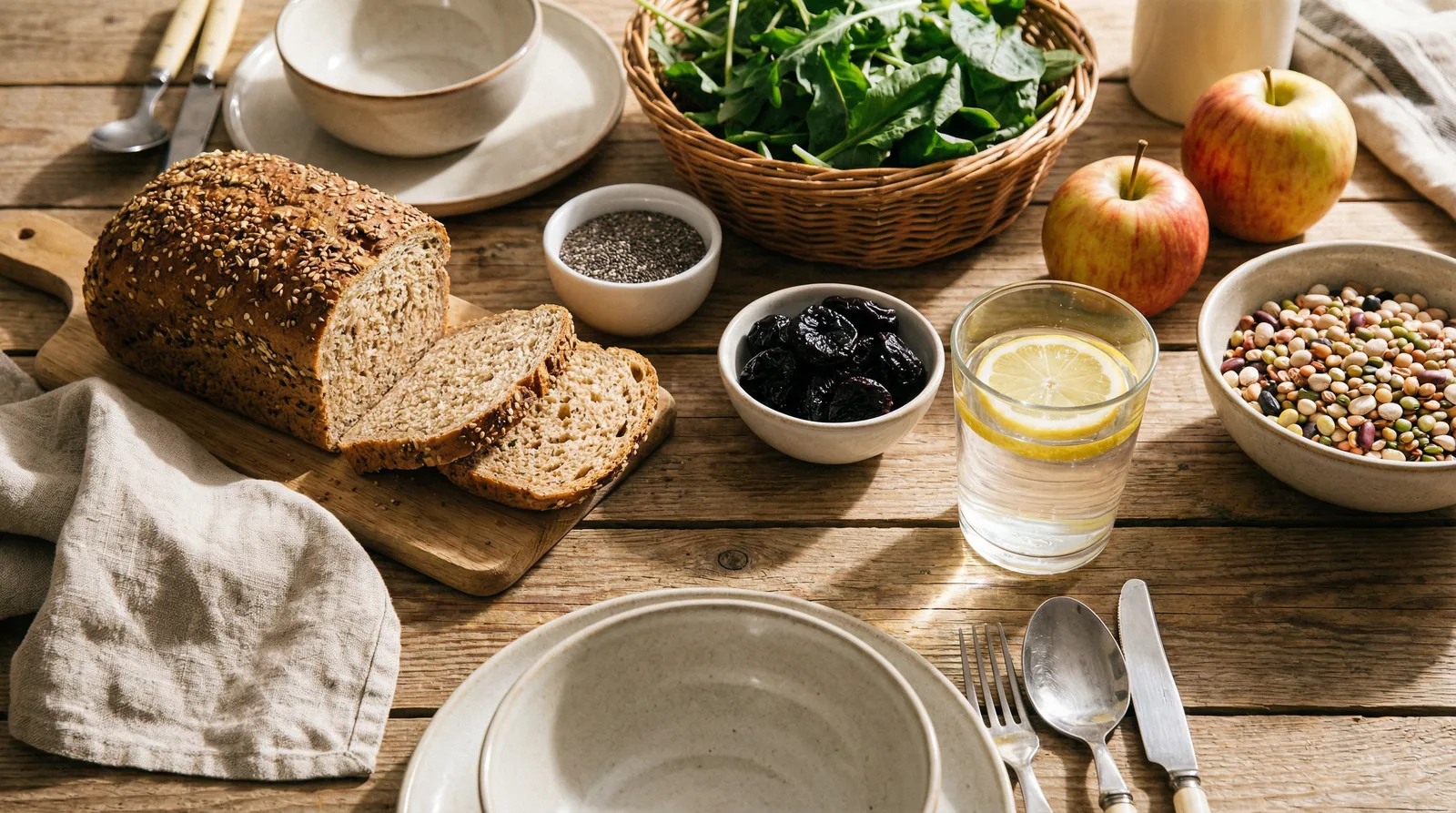 High-fiber foods and hydrating beverages that support healthy gut motility and regular digestive function