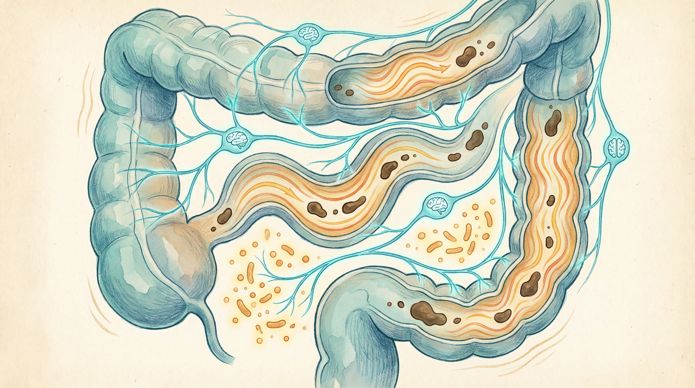 Medical illustration of intestinal peristalsis showing smooth muscle contractions regulated by gut bacteria and the enteric nervous system
