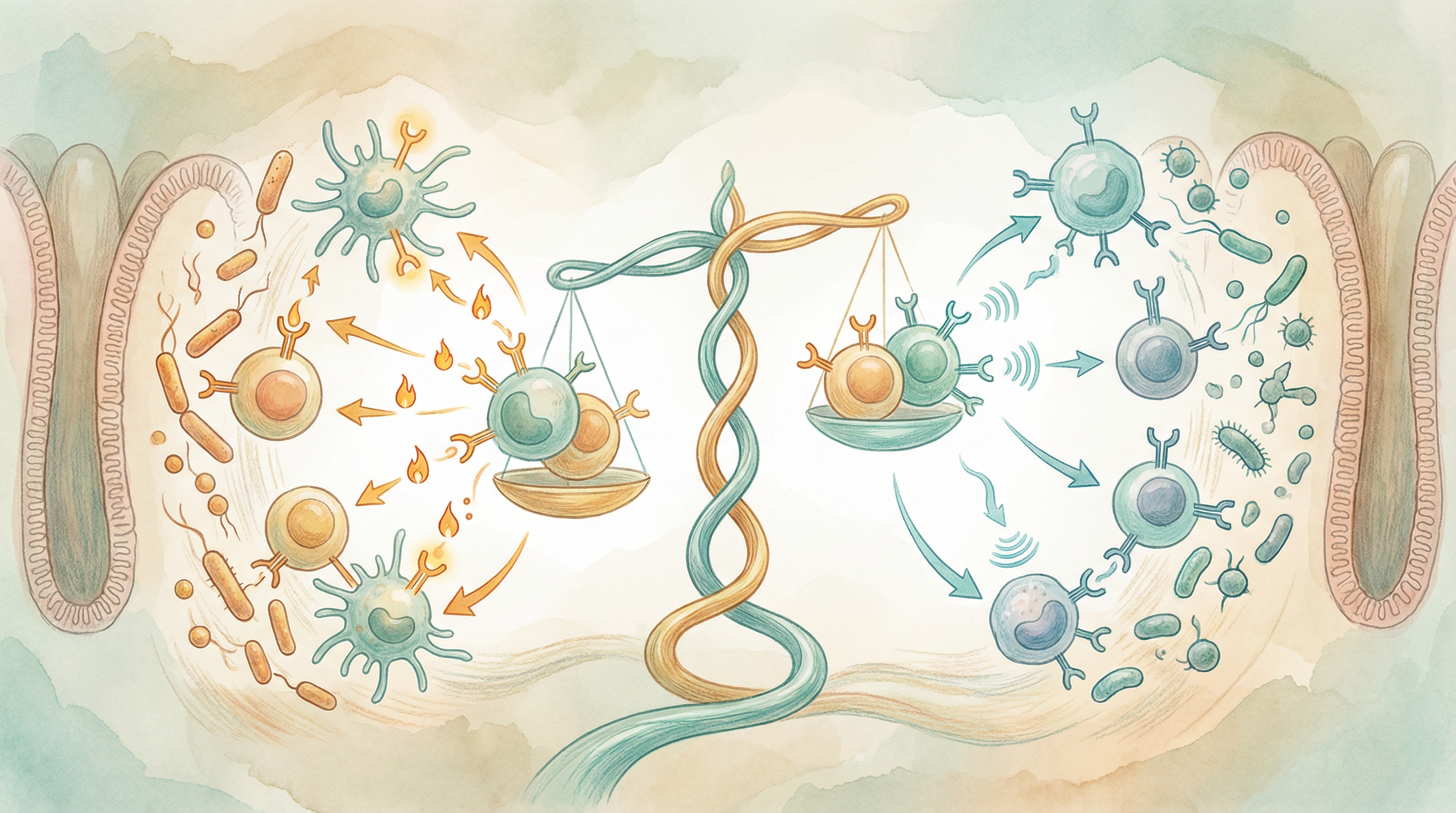 Illustration of the immune system balancing pro-inflammatory and anti-inflammatory responses guided by gut microbiome signals