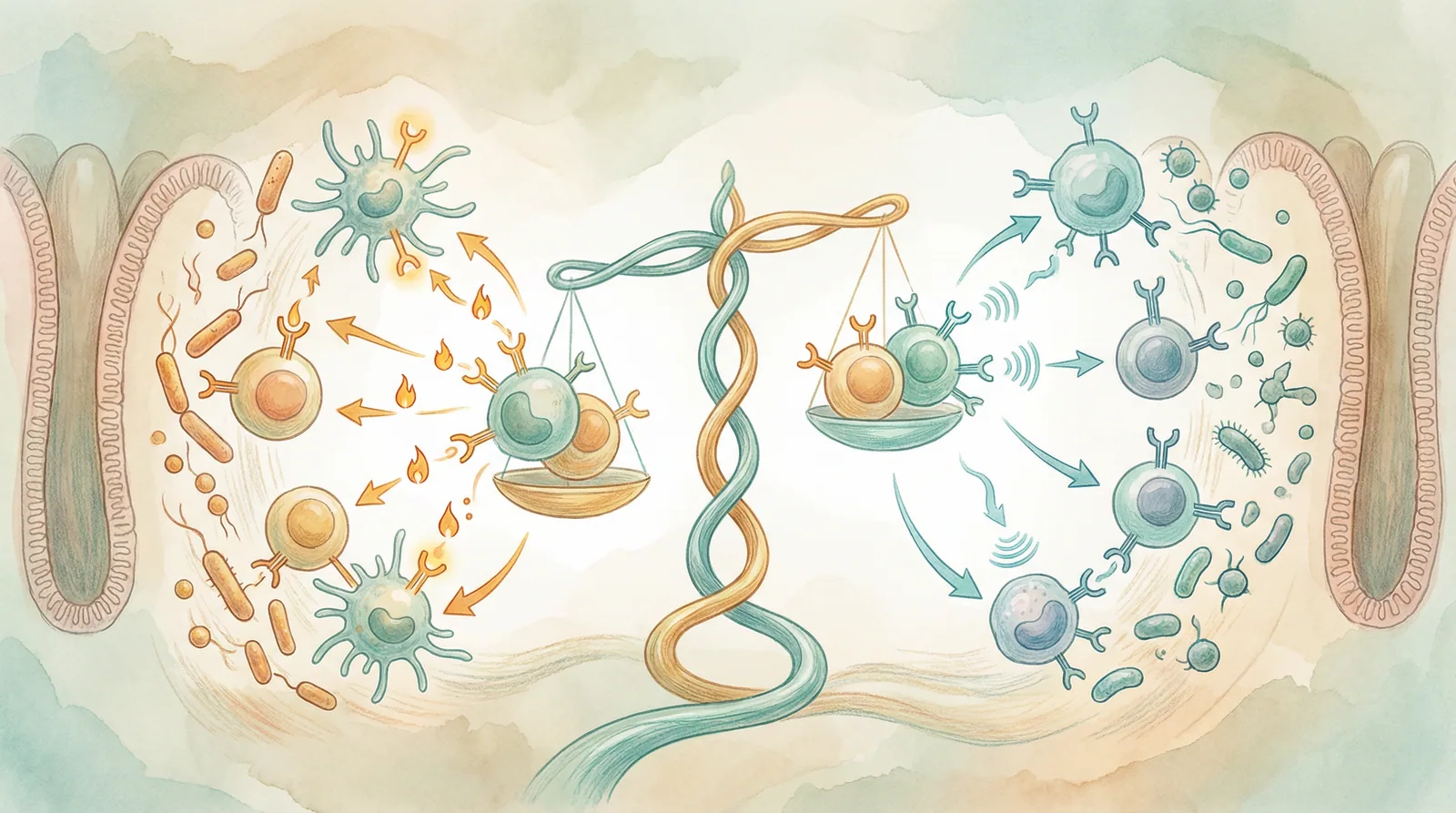 Illustration of the immune system balancing pro-inflammatory and anti-inflammatory responses guided by gut microbiome signals