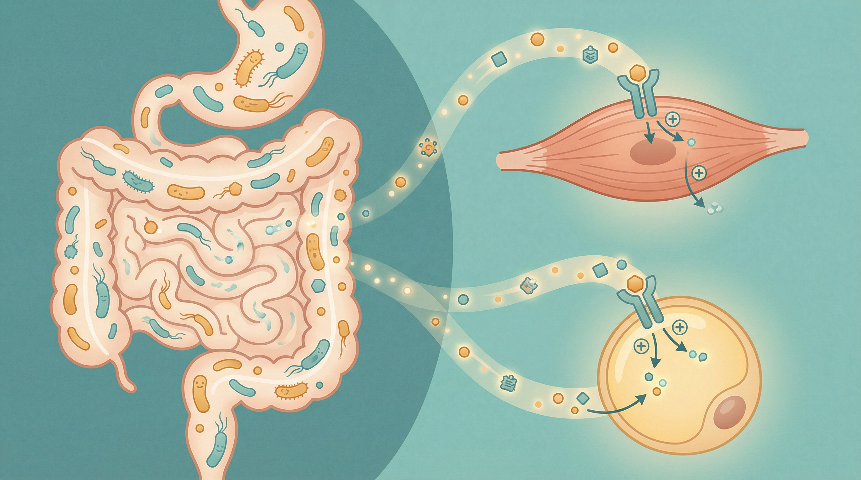 Illustration showing how gut bacteria produce metabolites that improve insulin receptor sensitivity in muscle and fat cells