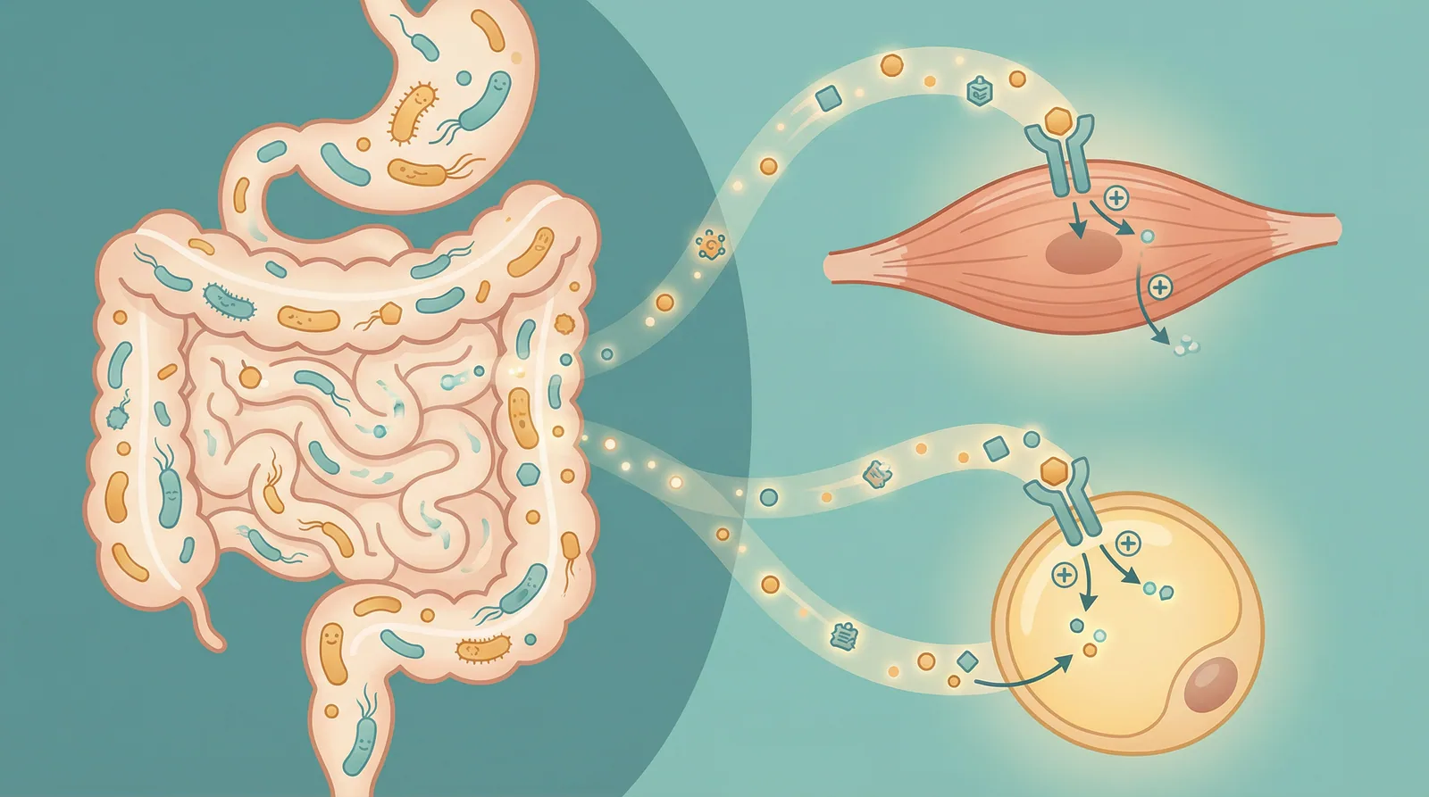 Illustration showing how gut bacteria produce metabolites that improve insulin receptor sensitivity in muscle and fat cells