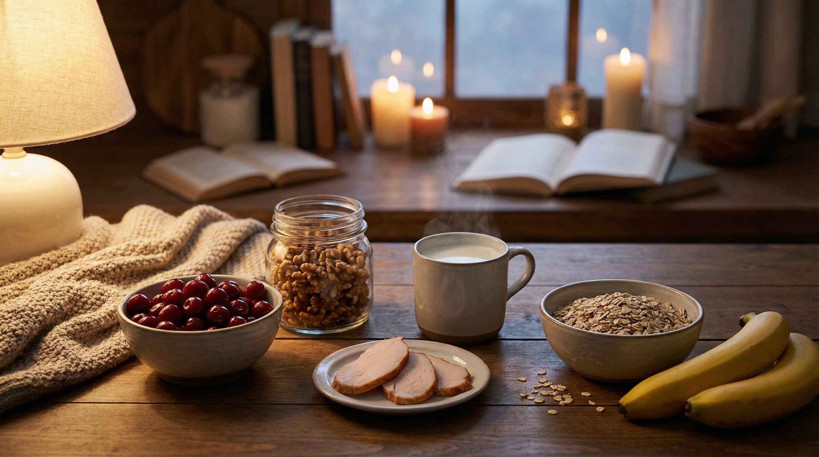 Melatonin-boosting foods including tart cherries, walnuts, warm milk, and tryptophan-rich foods that support natural sleep