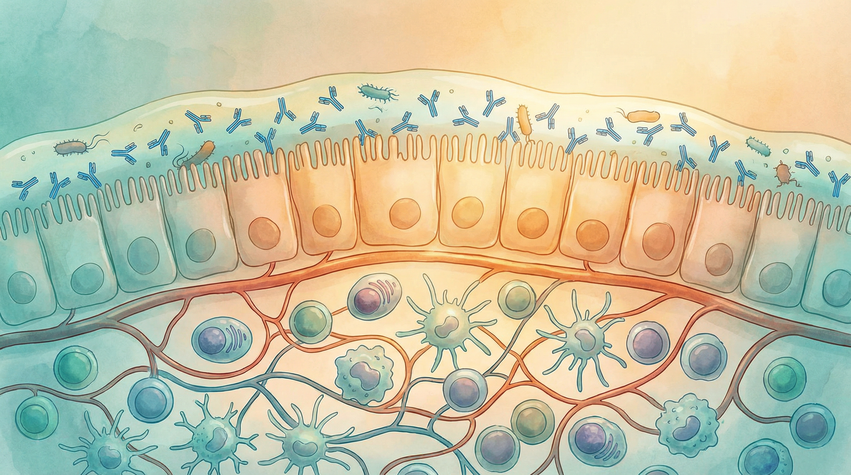 Illustration of the mucosal immune system showing secretory IgA antibodies and immune cells protecting the intestinal surface