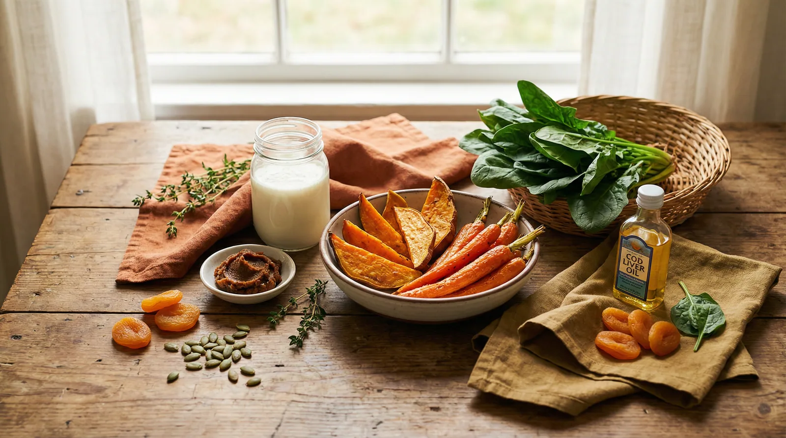 Vitamin A-rich foods and fermented products that strengthen mucosal immunity including sweet potatoes, carrots, and kefir