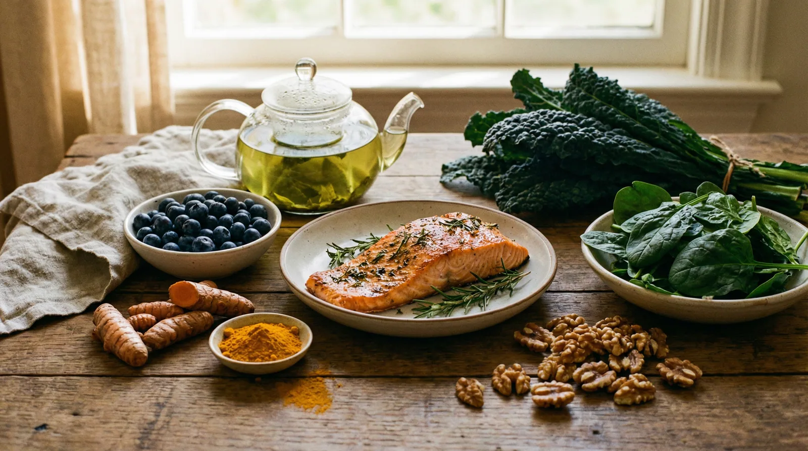 Neuroprotective foods rich in omega-3s, polyphenols, and antioxidants that reduce brain inflammation through gut health
