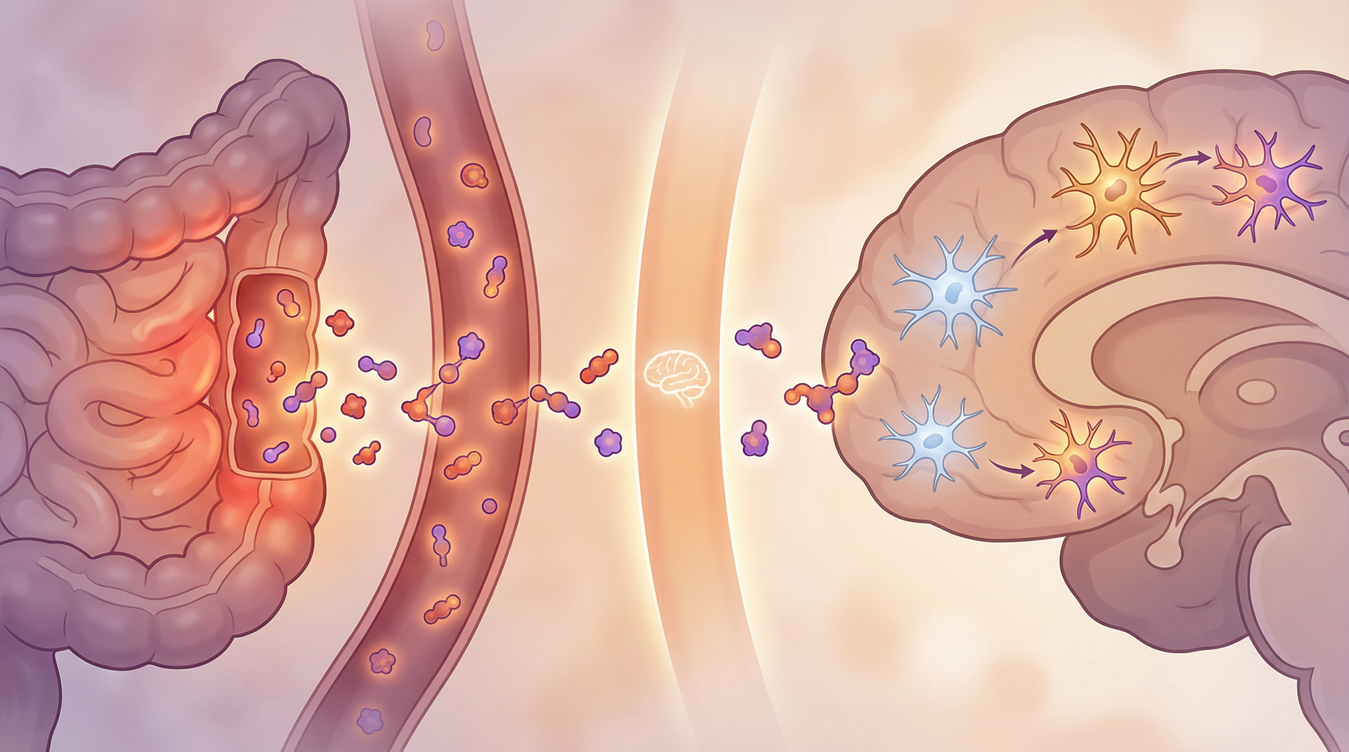 Medical illustration showing how gut-derived inflammatory signals cross the blood-brain barrier and cause neuroinflammation