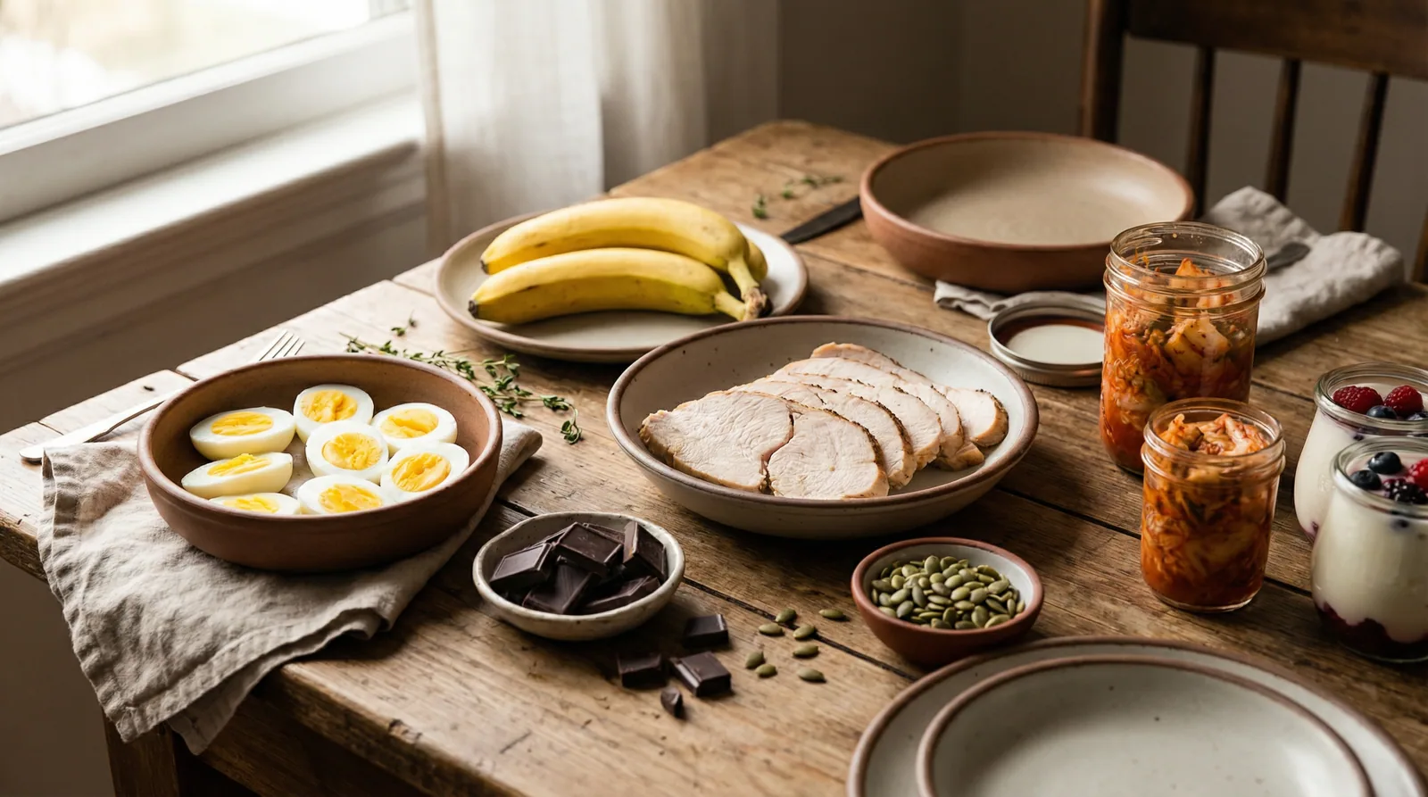 Tryptophan and tyrosine-rich foods that provide building blocks for neurotransmitter production including turkey, eggs, and bananas