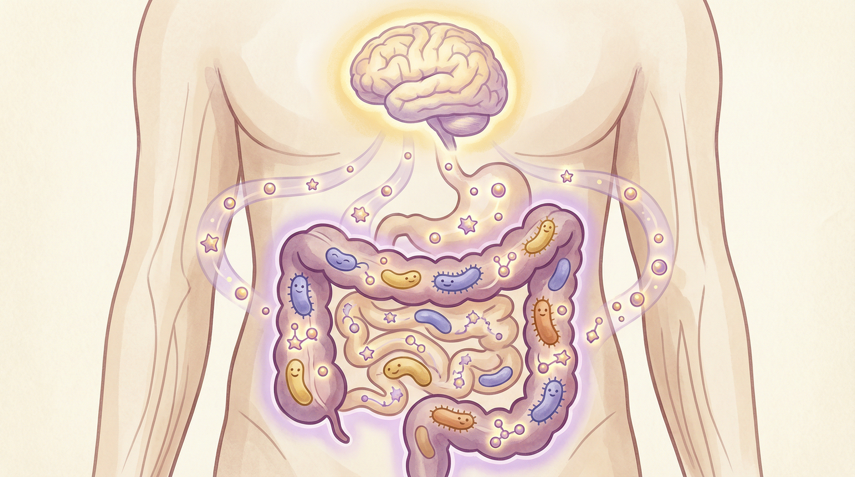 Illustration of the gut as a neurotransmitter factory showing bacteria producing serotonin, GABA, and dopamine precursors