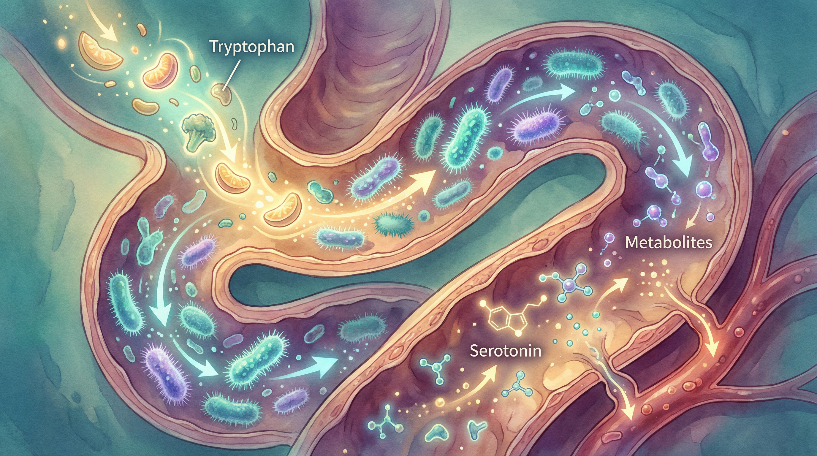 The tryptophan metabolic pathway showing how gut bacteria influence serotonin production from dietary tryptophan