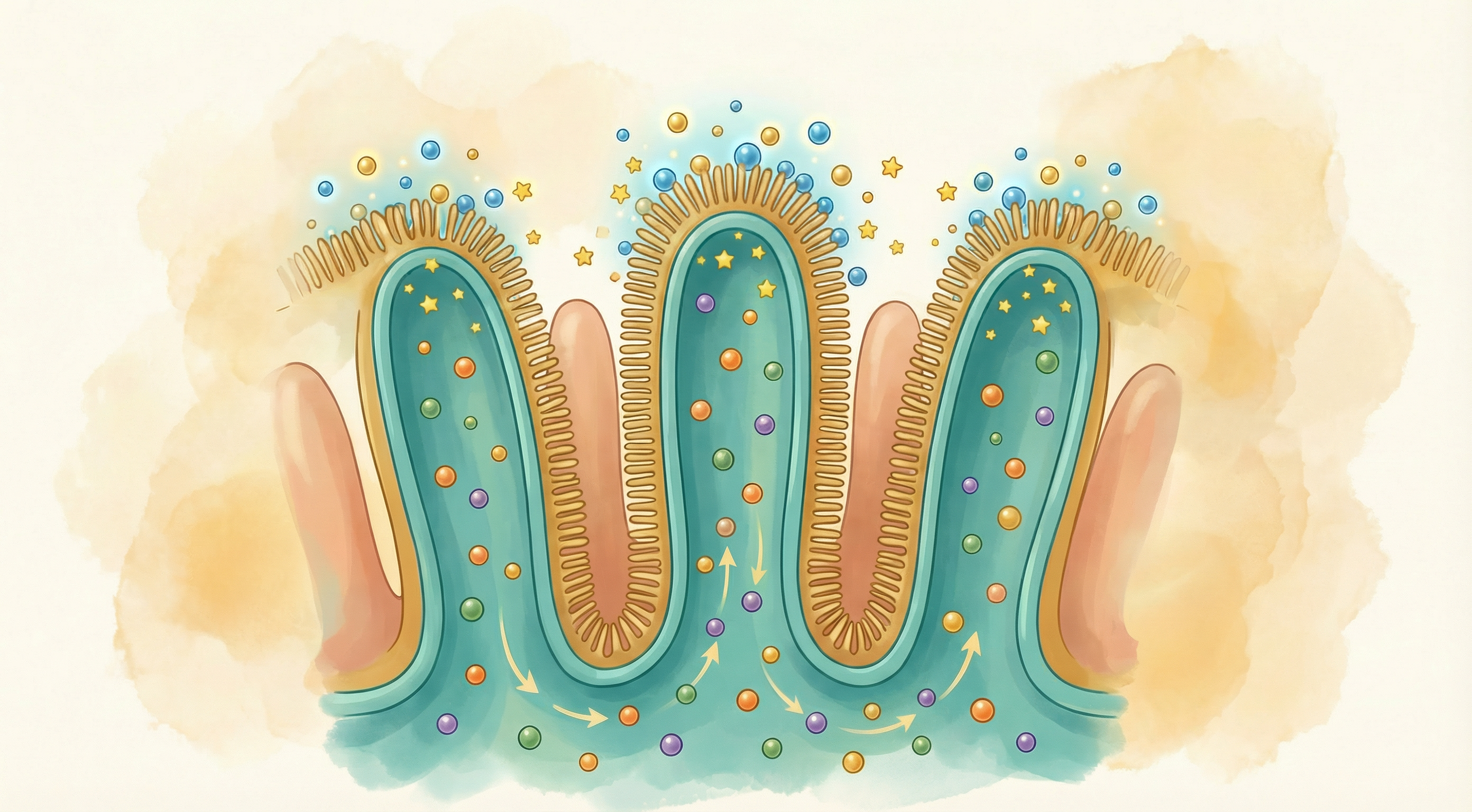 Illustration of intestinal villi absorbing nutrients with the help of beneficial gut bacteria that produce enzymes and vitamins