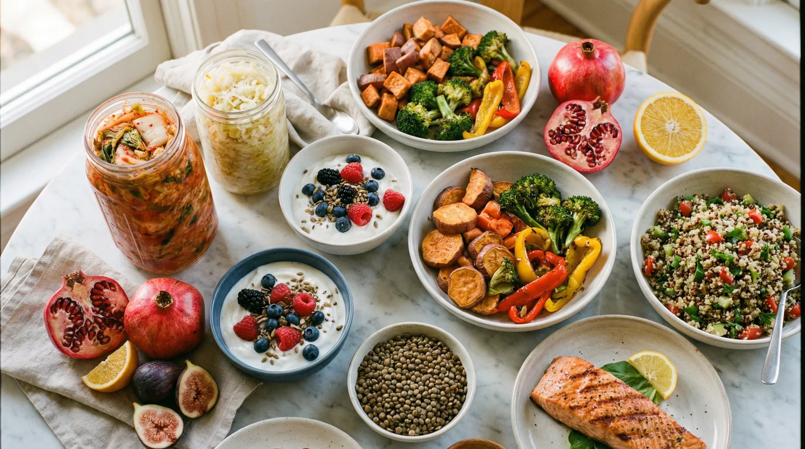 Nutrient-dense foods paired with probiotic-rich fermented foods to maximize nutrient absorption through gut health