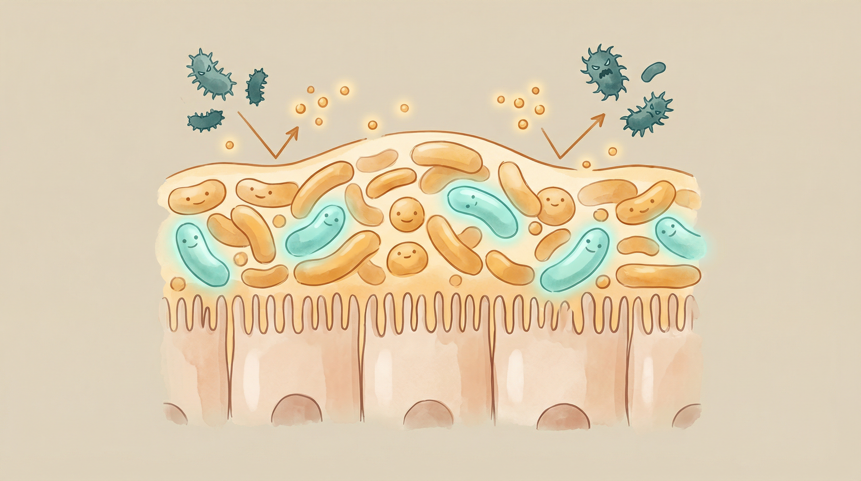 Illustration of beneficial gut bacteria creating a protective barrier against pathogenic invaders through colonization resistance