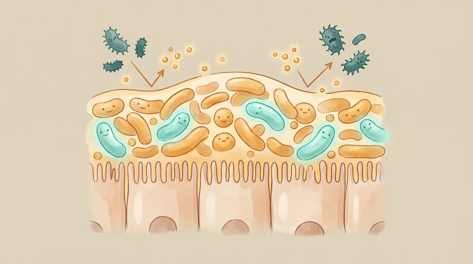 Illustration of beneficial gut bacteria creating a protective barrier against pathogenic invaders through colonization resistance