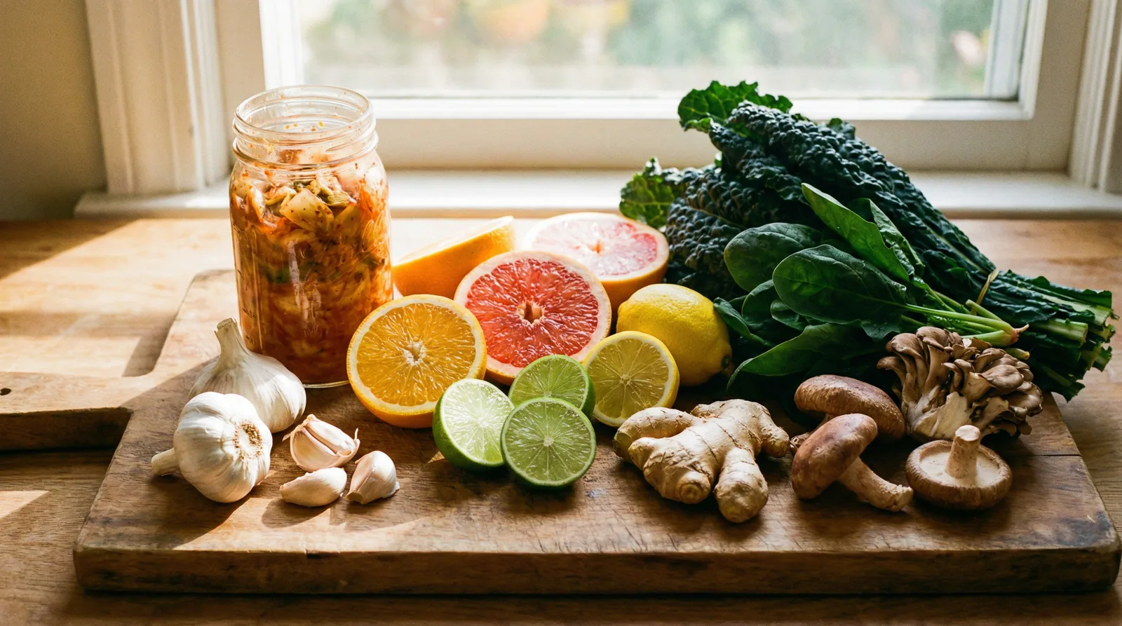 Immune-boosting foods including garlic, fermented vegetables, and vitamin C-rich fruits that strengthen pathogen defense