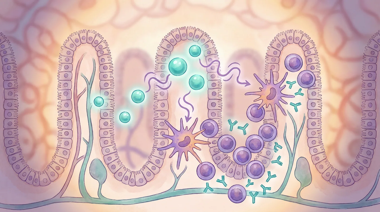 Immune cells in the gut-associated lymphoid tissue being trained by beneficial bacteria to recognize and fight pathogens