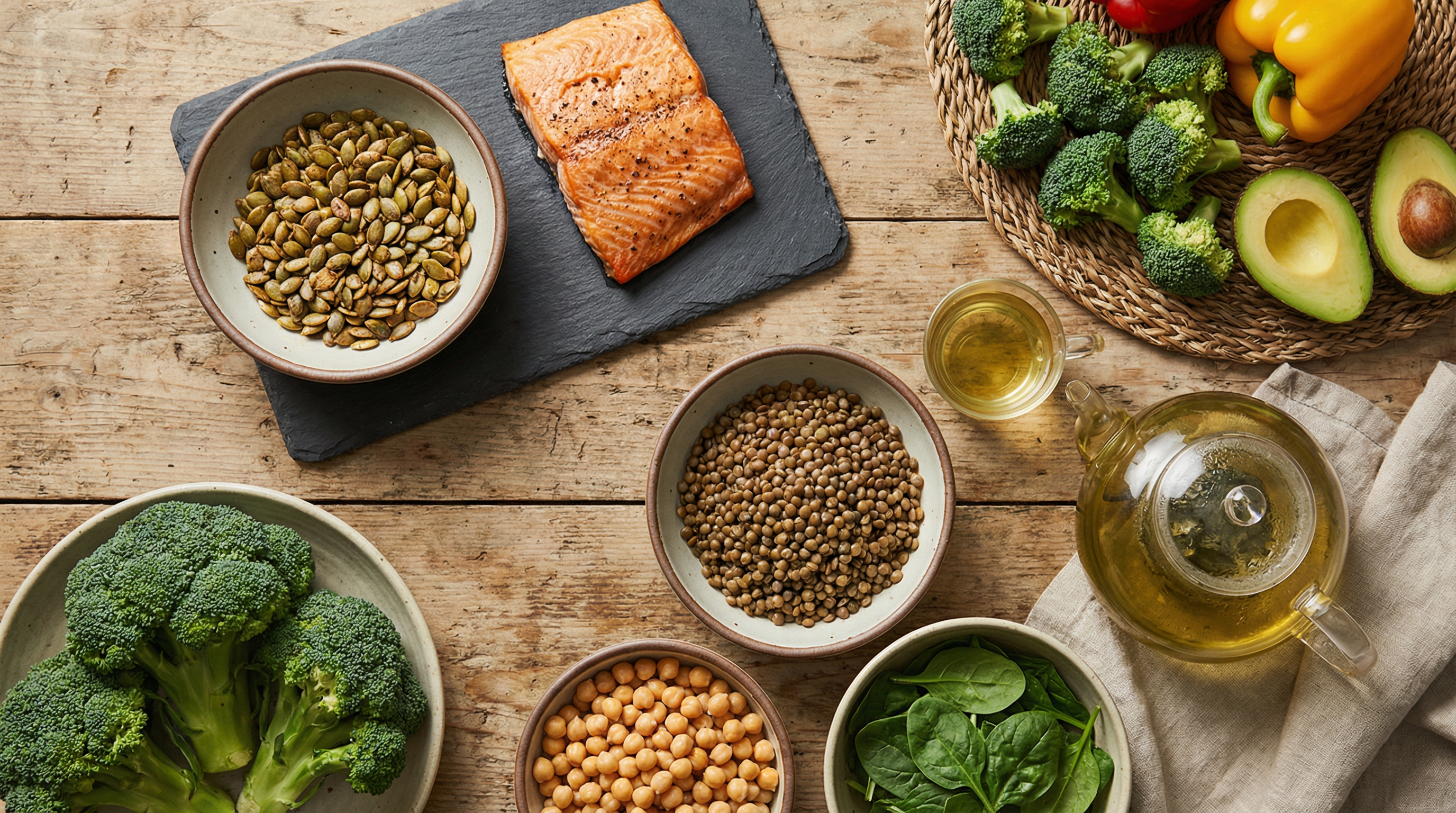 Foods that help balance skin oil production including zinc-rich pumpkin seeds, omega-3 fish, and low-glycemic vegetables