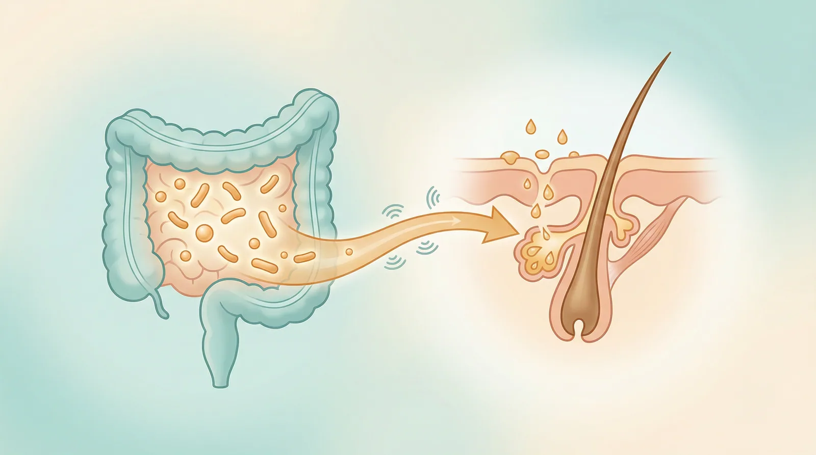 Illustration of the gut-skin axis showing how gut bacteria influence sebaceous gland activity and oil production in the skin