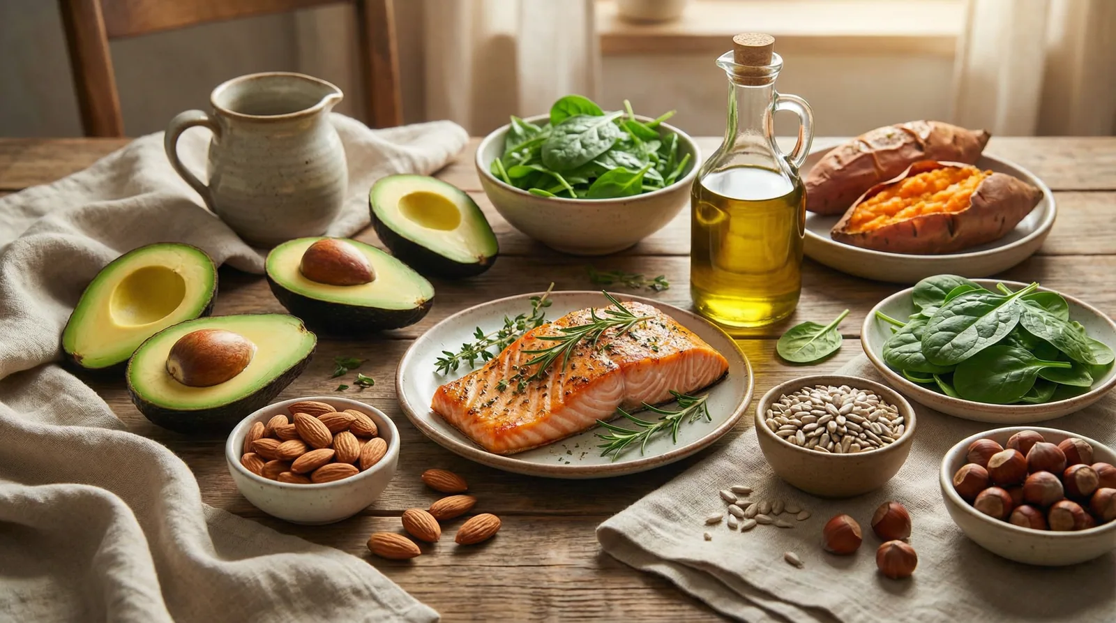 Skin barrier-supporting foods rich in essential fatty acids, zinc, and vitamin E including avocado, nuts, and fatty fish