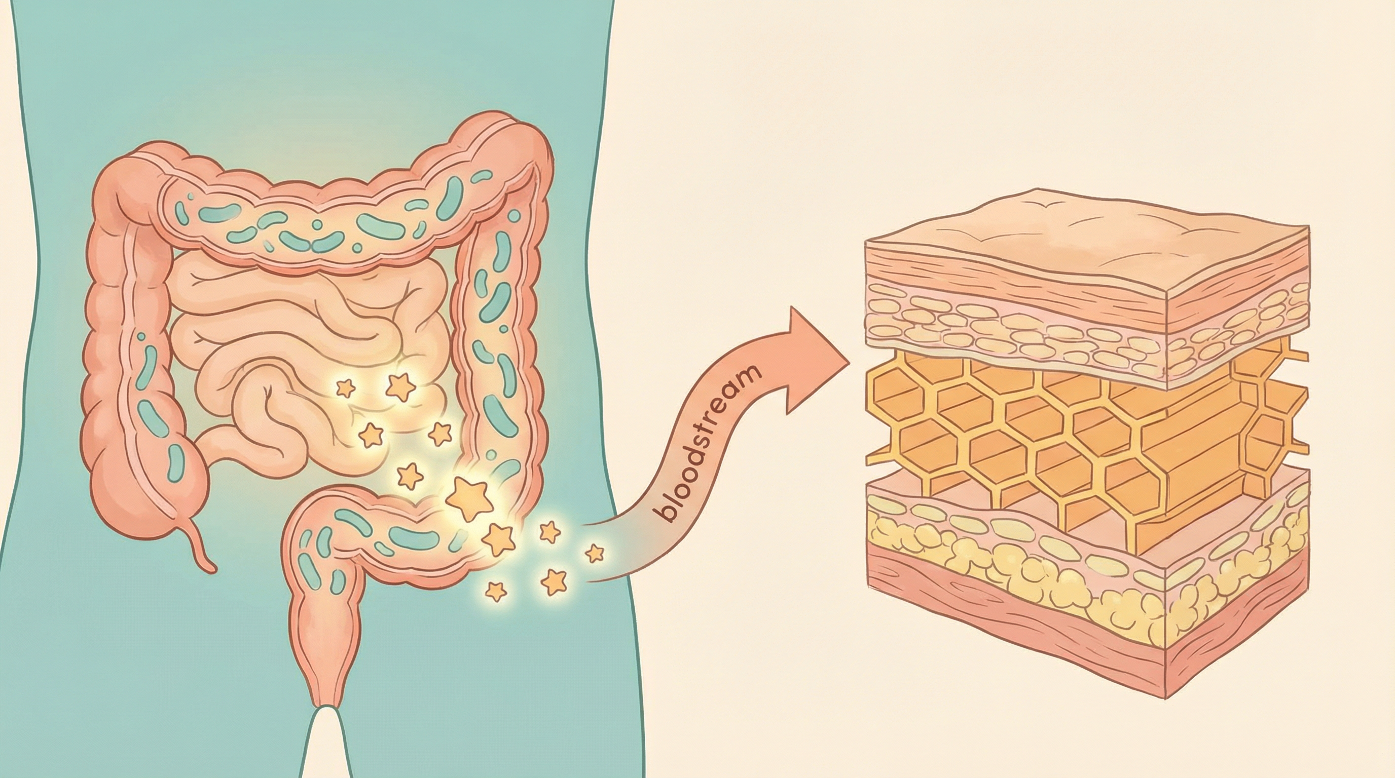 Illustration of the gut-skin axis showing how intestinal bacteria strengthen the skin barrier through immune modulation and metabolite production