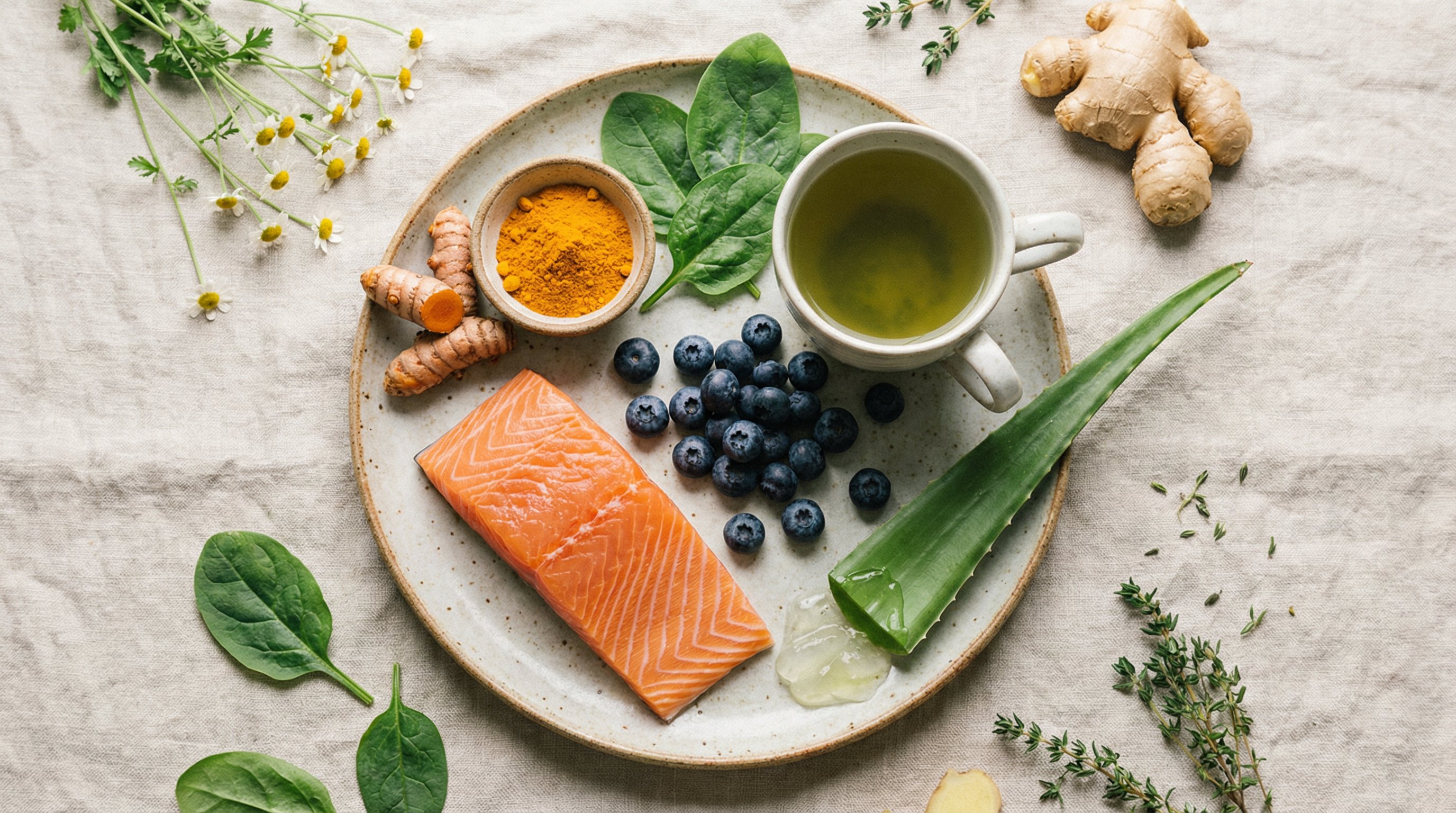 Anti-inflammatory foods for skin health including turmeric, omega-3 rich fish, colorful berries, and green vegetables