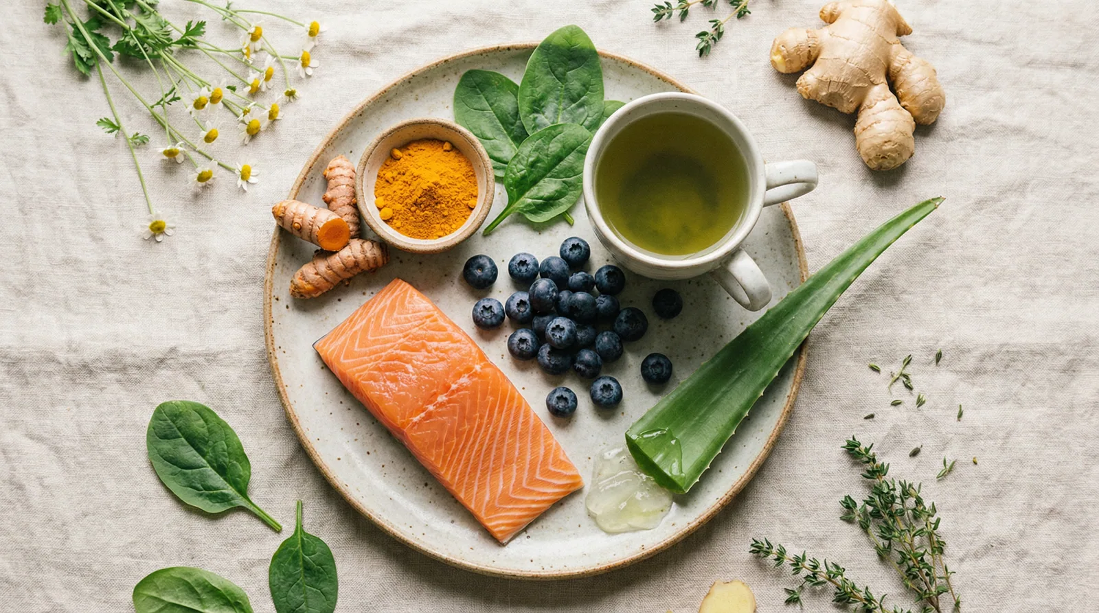 Anti-inflammatory foods for skin health including turmeric, omega-3 rich fish, colorful berries, and green vegetables