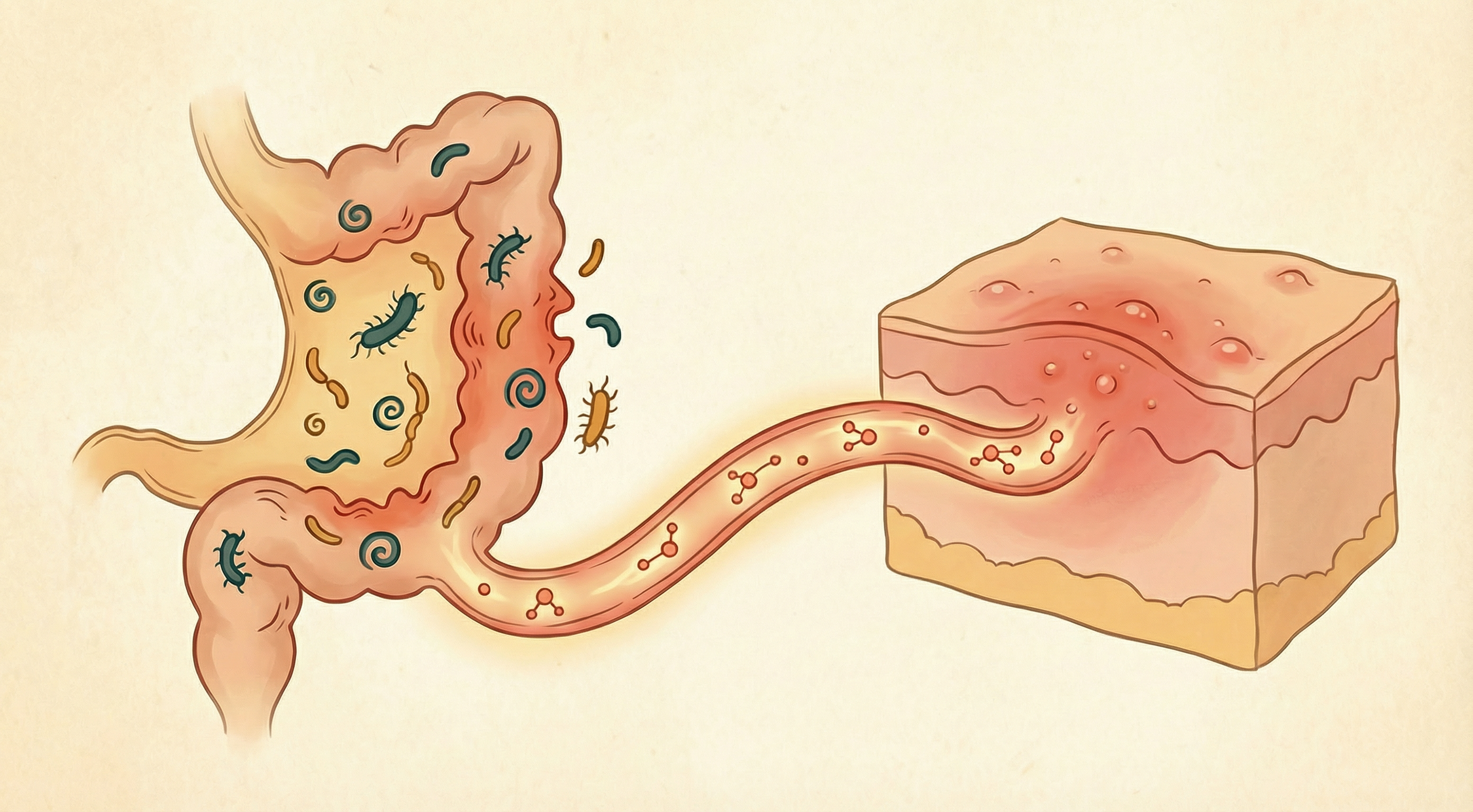 Medical illustration showing how gut dysbiosis triggers systemic inflammation that manifests as skin redness, irritation, and inflammatory skin conditions