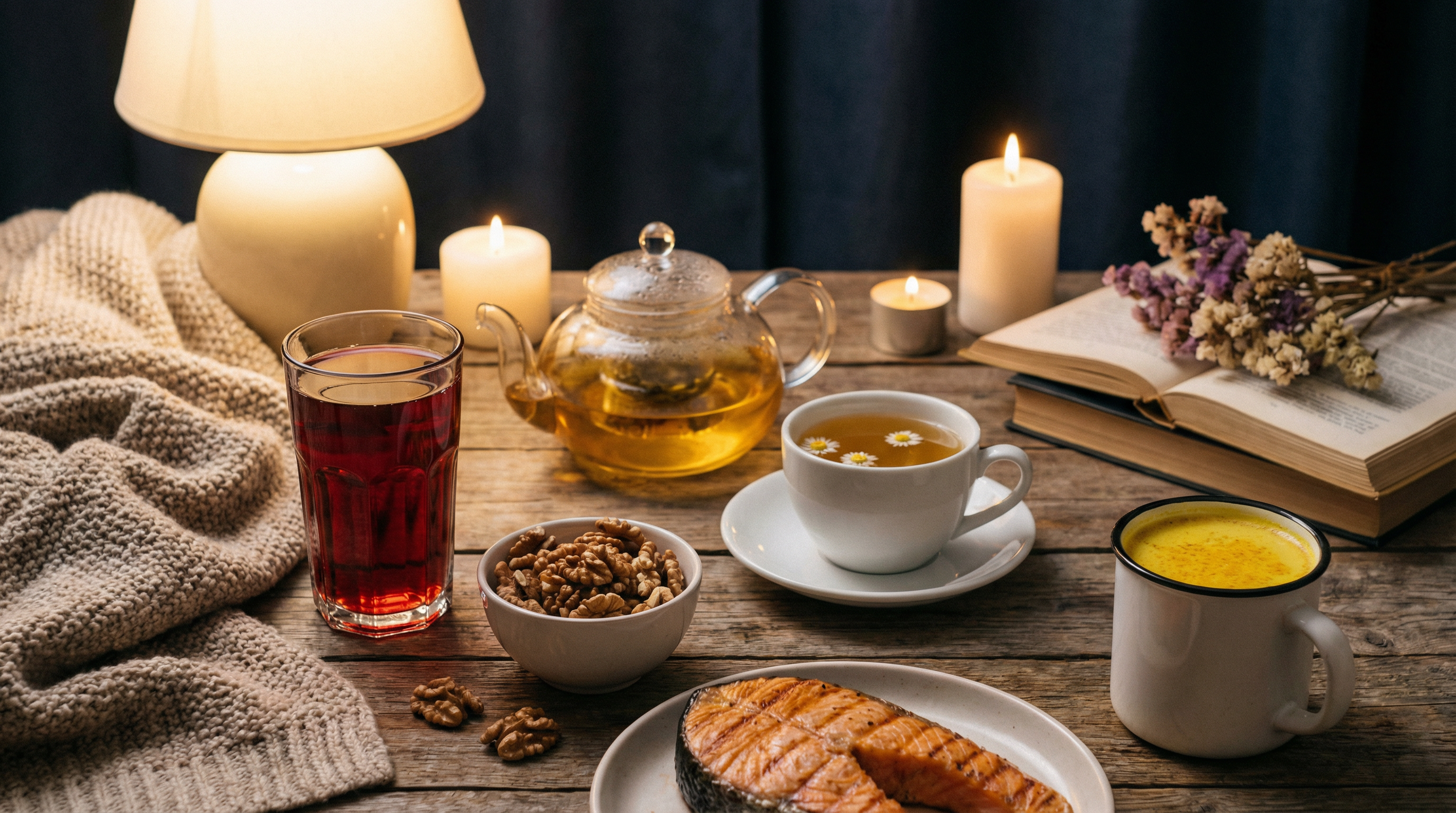 Anti-inflammatory evening foods and beverages that promote restful sleep including tart cherry juice, chamomile tea, and omega-3 rich foods