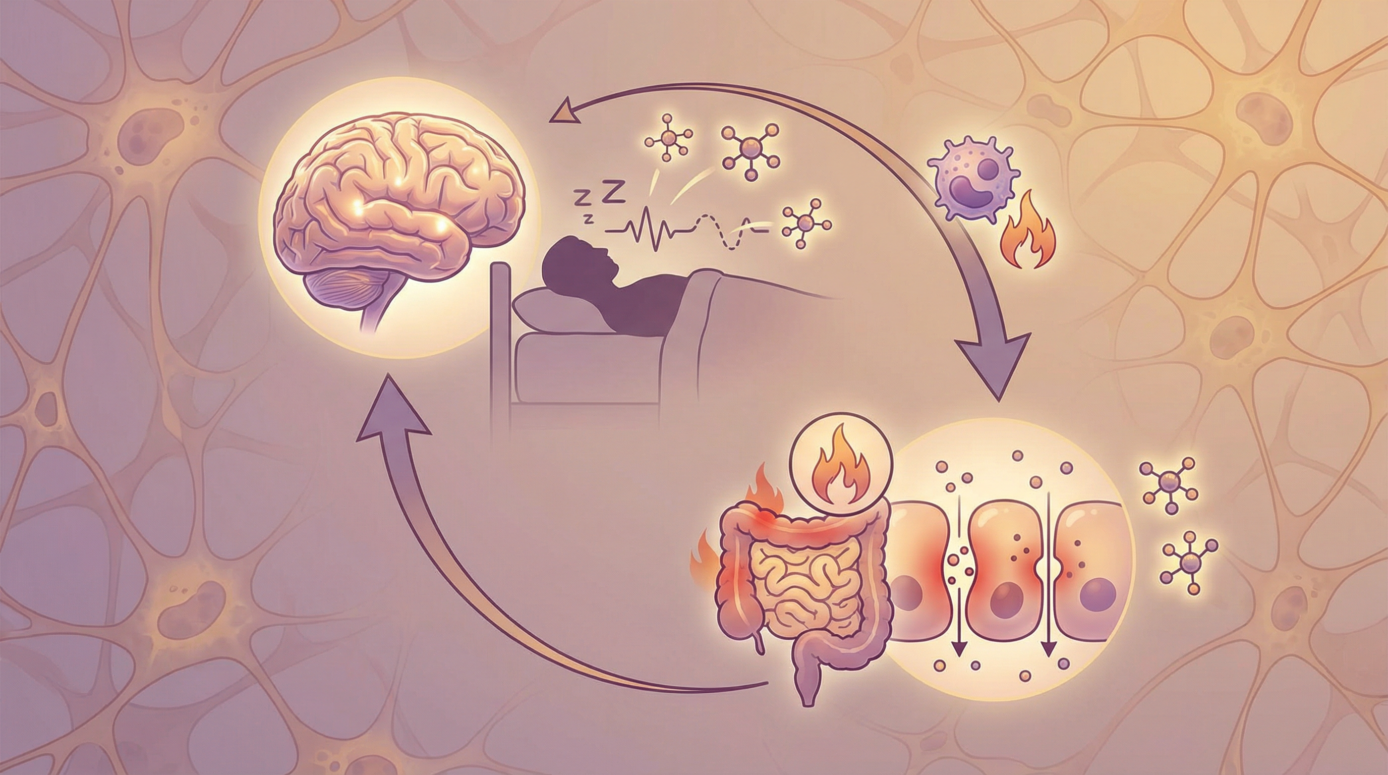 Illustration of the vicious cycle between poor sleep and inflammation showing how each worsens the other through gut microbiome disruption