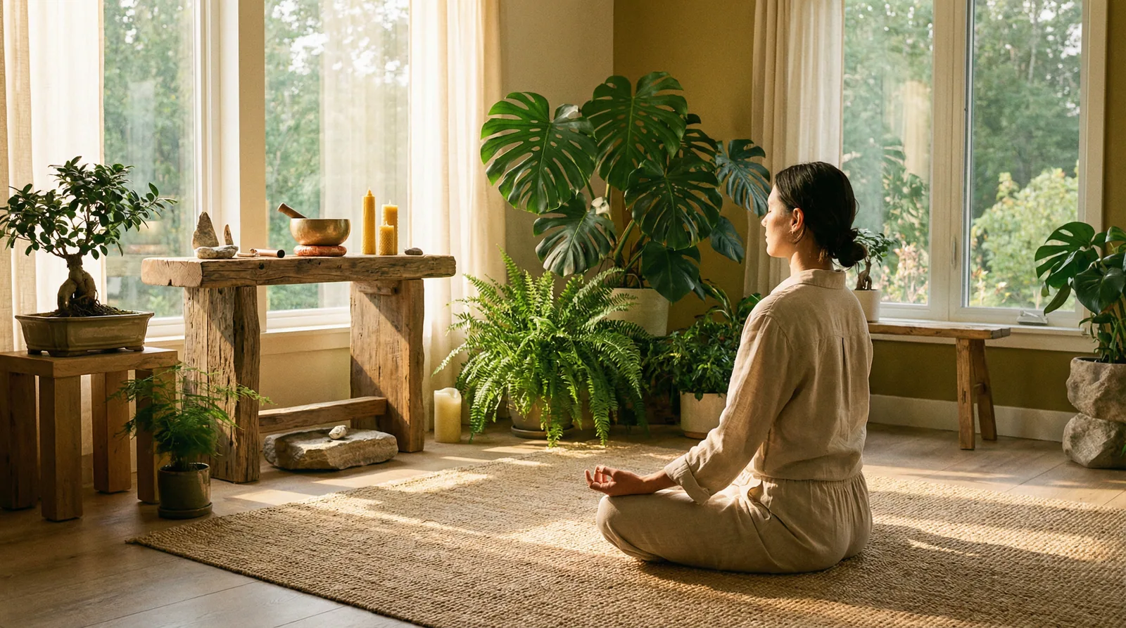 Calming wellness practices including yoga, deep breathing, and nature exposure that build stress resilience through the gut-brain axis