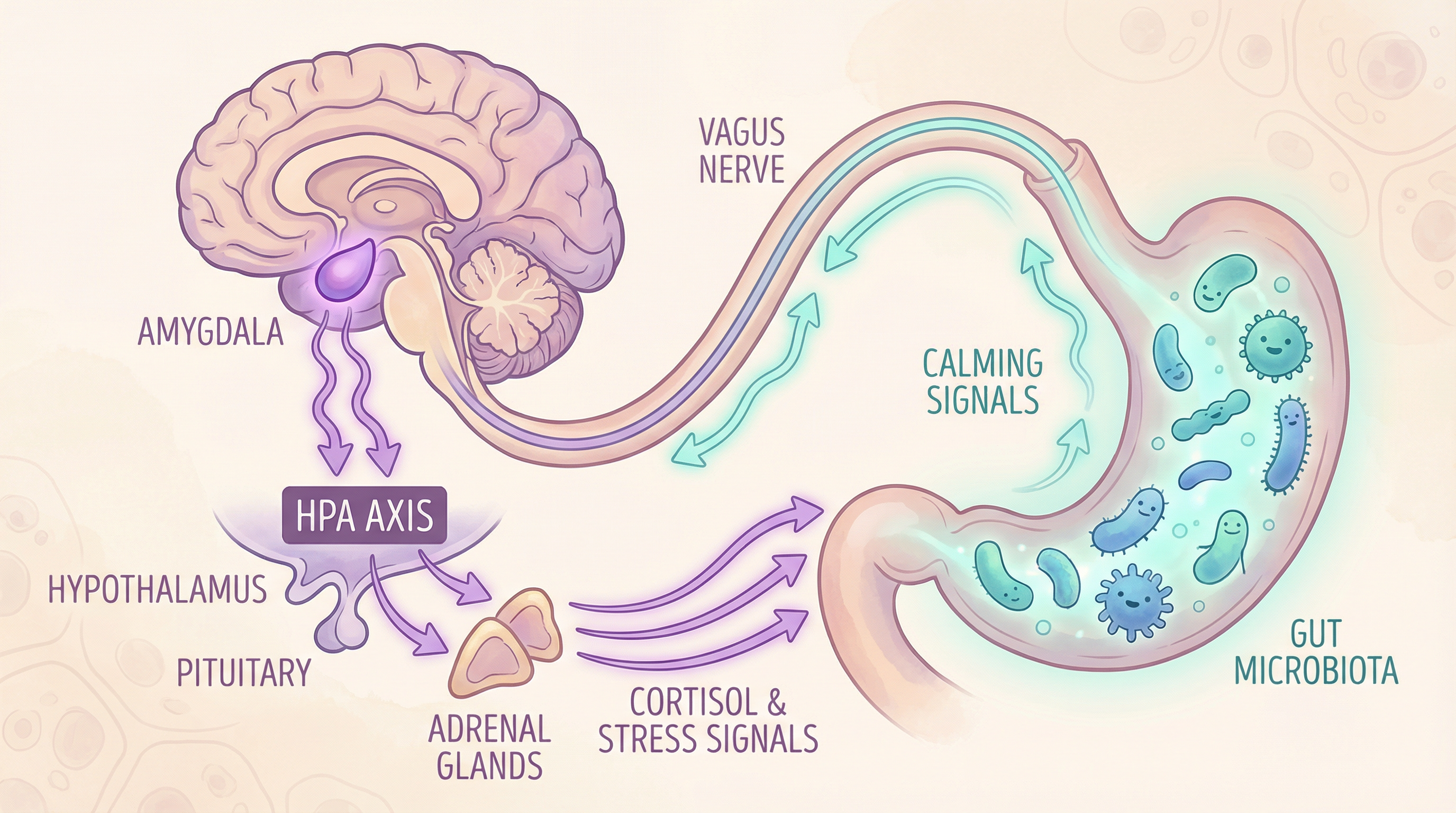 Illustration of the HPA stress axis and how gut bacteria modulate cortisol and stress hormone responses