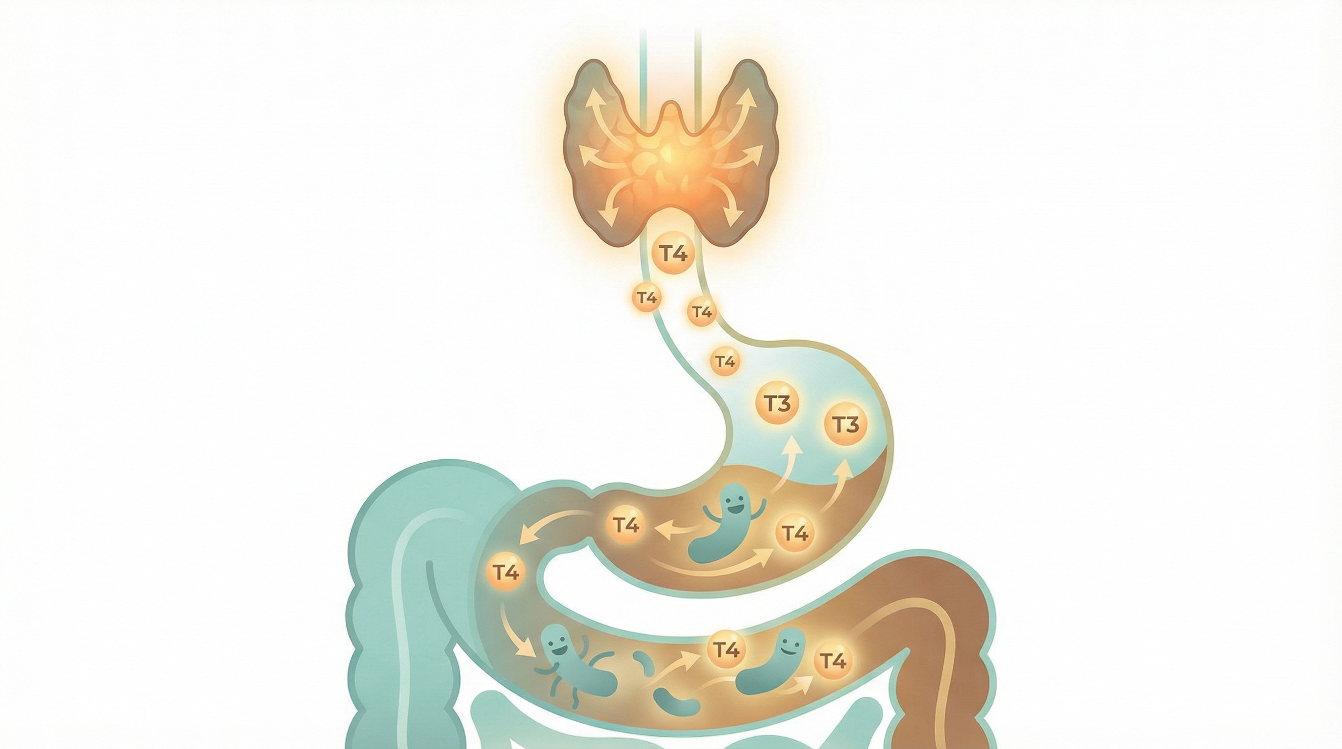 Medical illustration showing the gut-thyroid axis and how intestinal bacteria influence thyroid hormone conversion from T4 to active T3