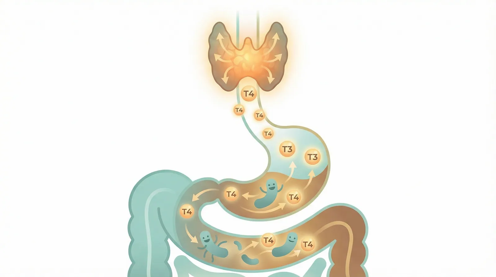 Medical illustration showing the gut-thyroid axis and how intestinal bacteria influence thyroid hormone conversion from T4 to active T3