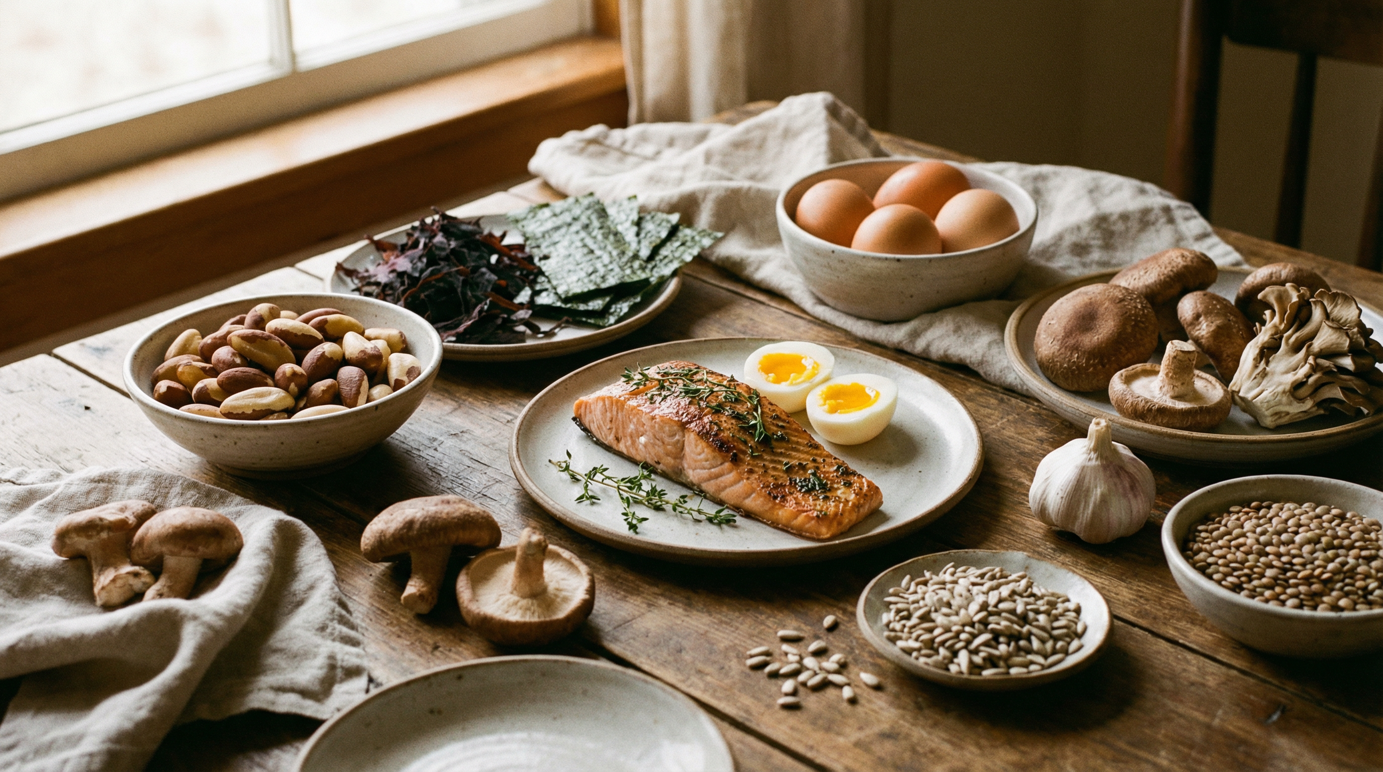 Selenium and iodine-rich foods that support thyroid hormone conversion including Brazil nuts, seaweed, and seafood