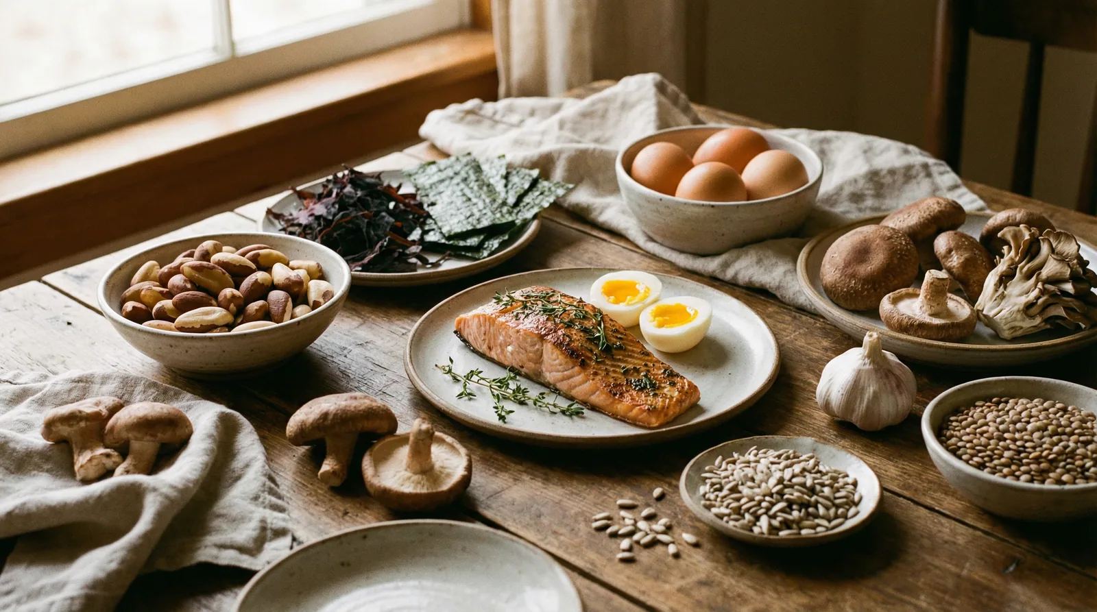 Selenium and iodine-rich foods that support thyroid hormone conversion including Brazil nuts, seaweed, and seafood