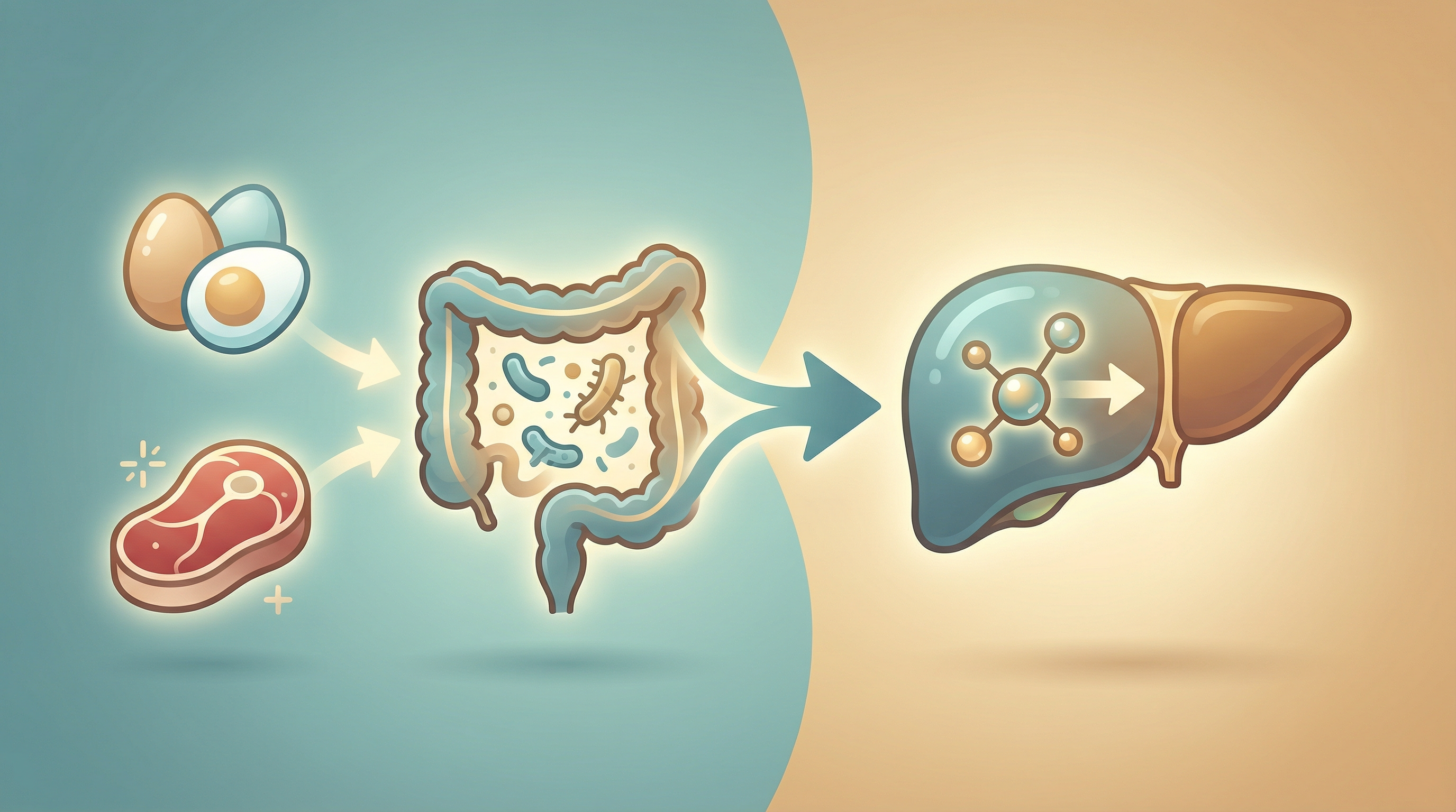 Diagram showing the TMAO metabolic pathway from dietary choline through gut bacterial conversion to trimethylamine and liver oxidation