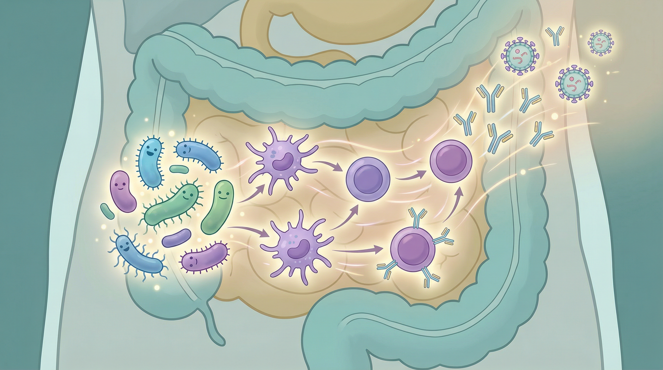 Illustration showing how a diverse gut microbiome enhances immune cell training and improves antibody production after vaccination