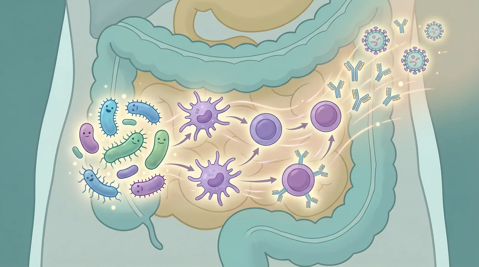 Illustration showing how a diverse gut microbiome enhances immune cell training and improves antibody production after vaccination