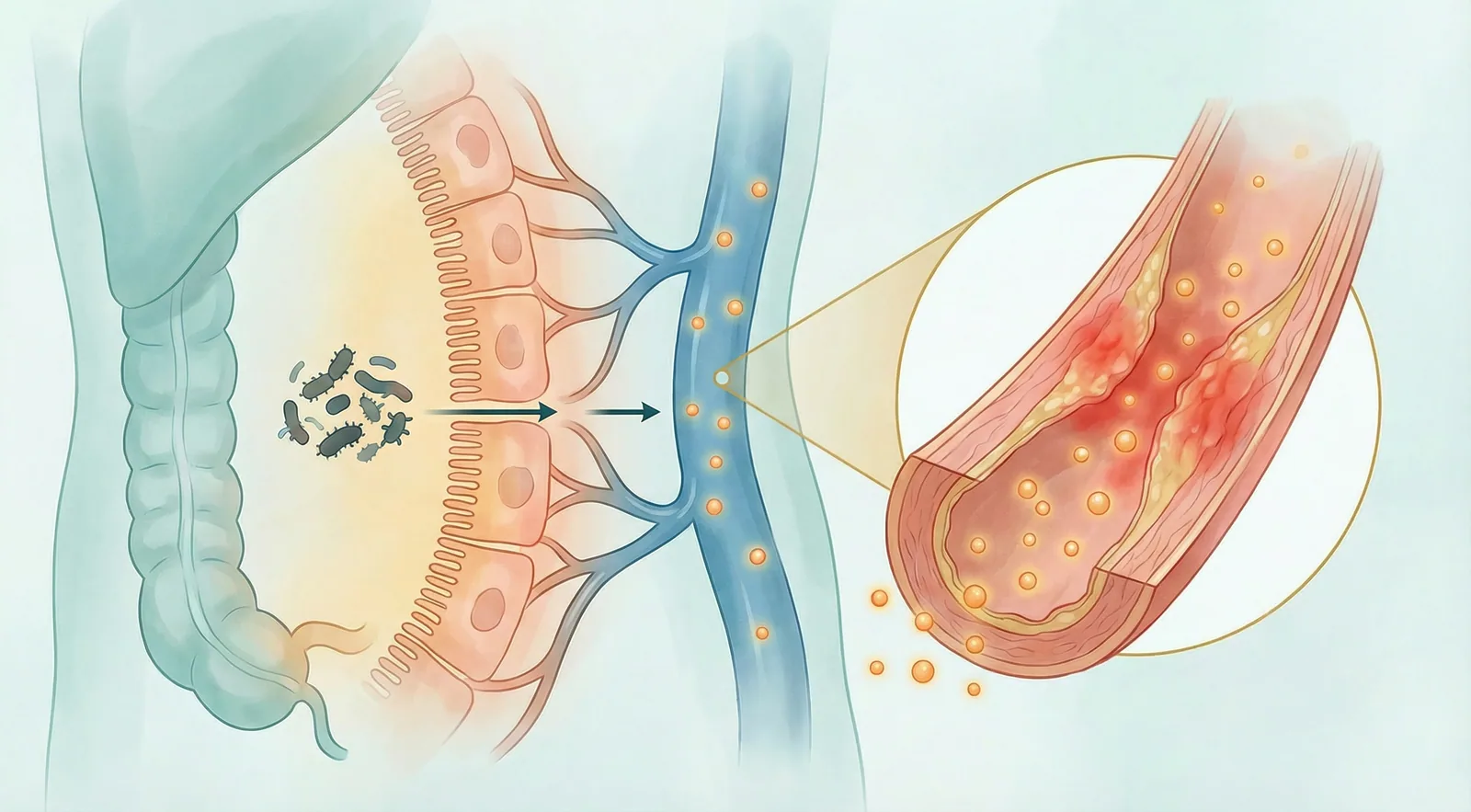 Medical illustration showing how gut-derived inflammatory molecules enter the bloodstream and affect blood vessel walls