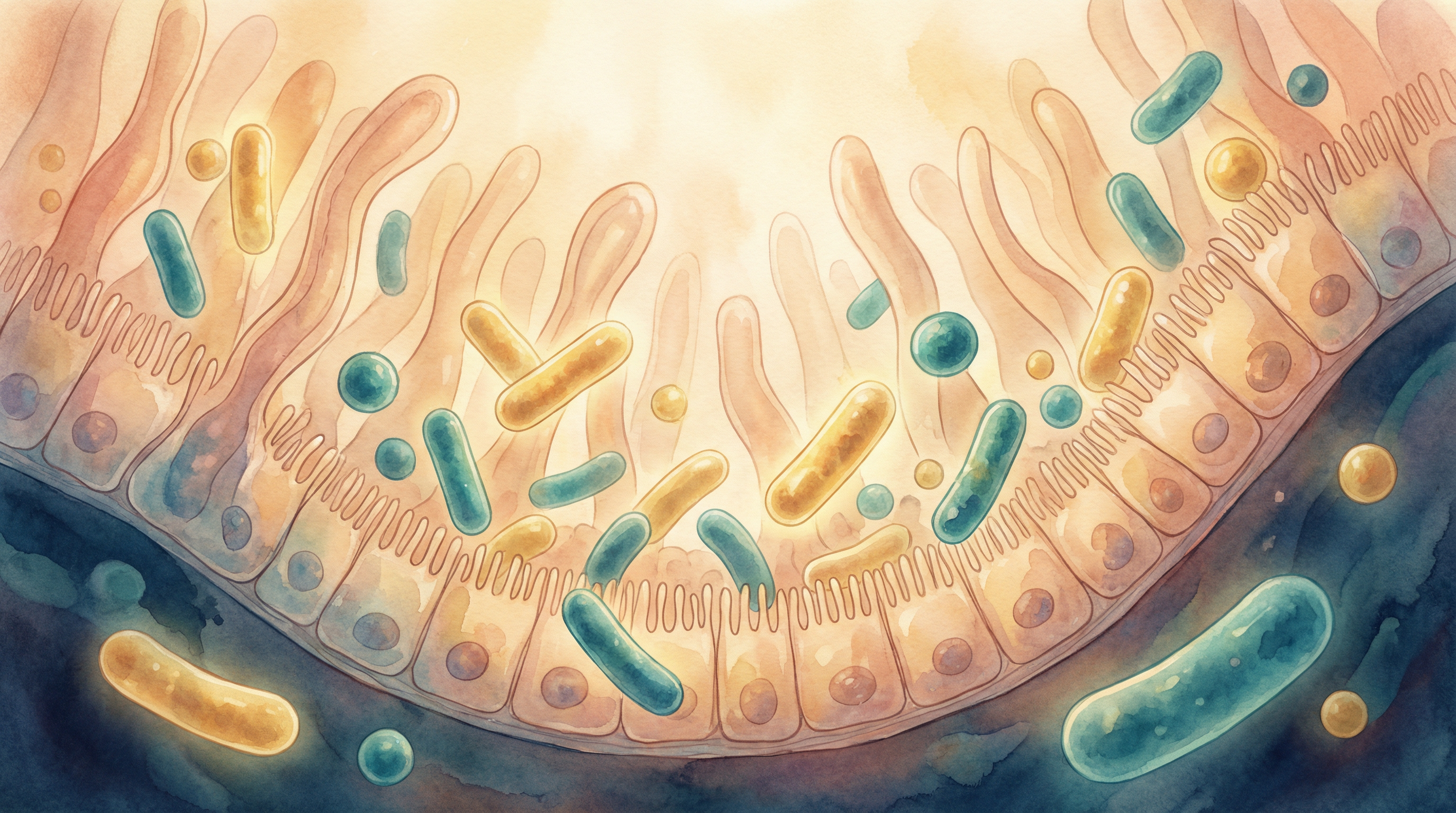 Microscopic view of beneficial Lactobacillus and Bifidobacterium bacteria that help maintain gut barrier integrity and reduce acne inflammation
